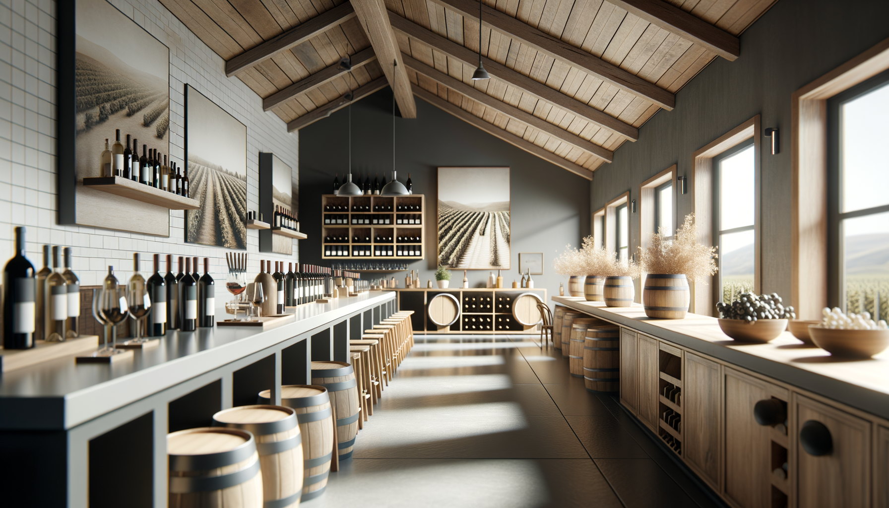 Interior of a wine tasting room with barrels, bottles, and large windows showing a vineyard landscape