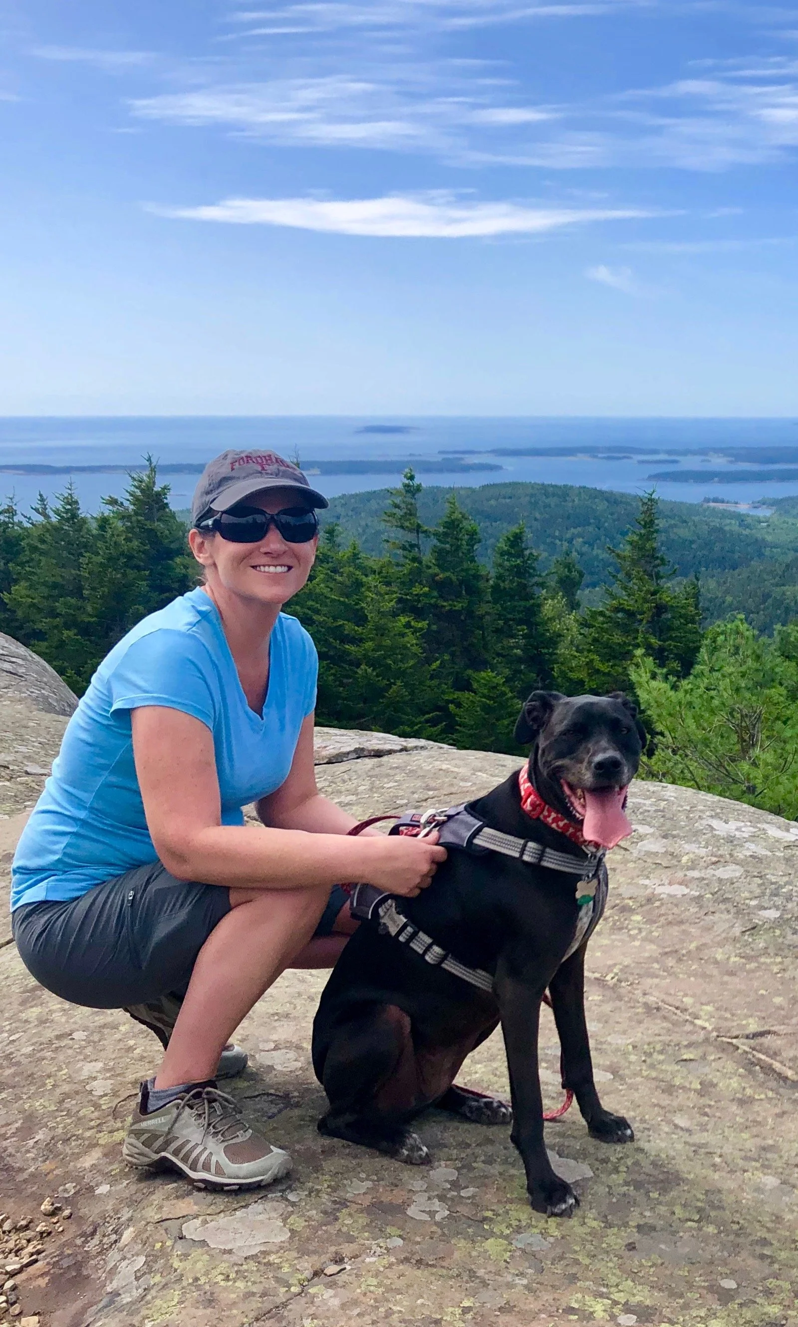A woman in a blue shirt and gray shorts crouching next to a large black dog with a red bandana, on a rocky mountain with a forest and lake in the background under a partly cloudy sky.