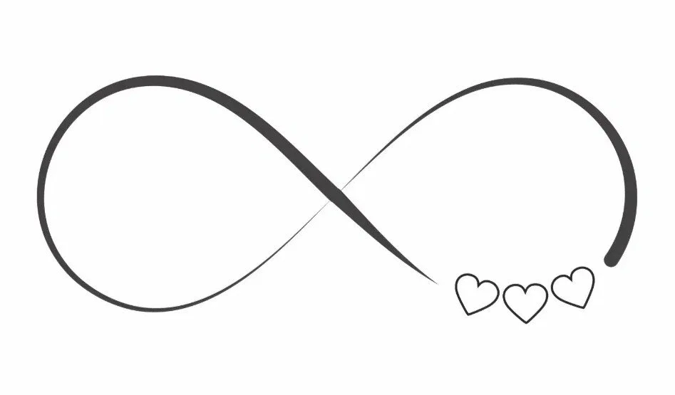 A black infinity symbol with three small hearts on one end.