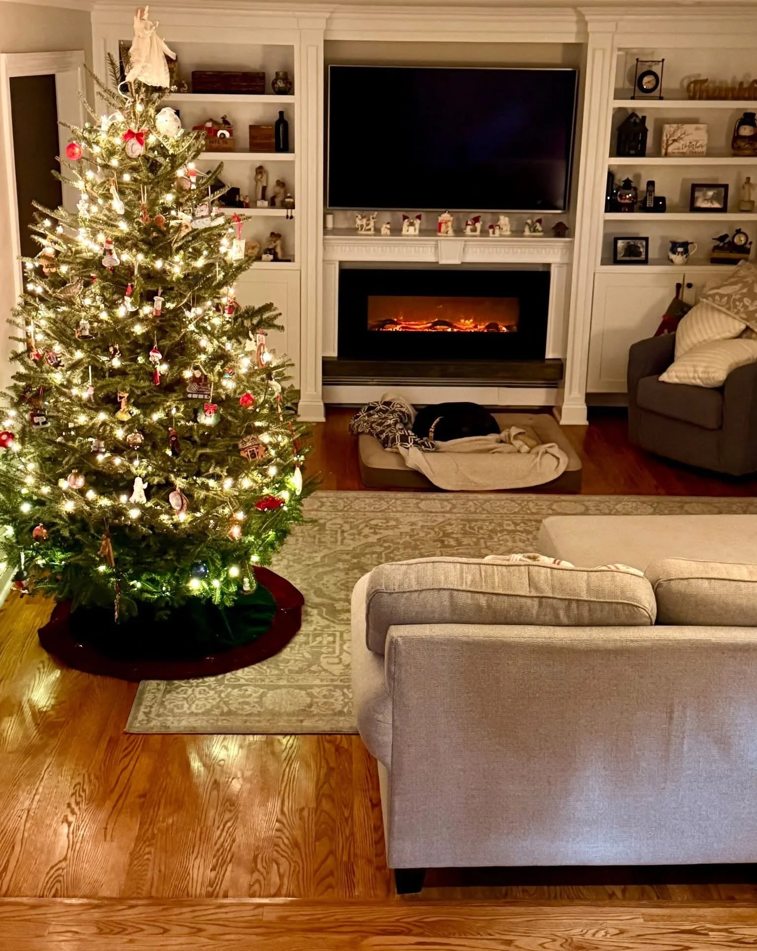 A warm and inviting living room with decorated Christmas tree, fireplace with lit flames, and dog resting on a bed in front of the fireplace. A TV is mounted above the fireplace, and shelves with various decorations surround the fireplace.