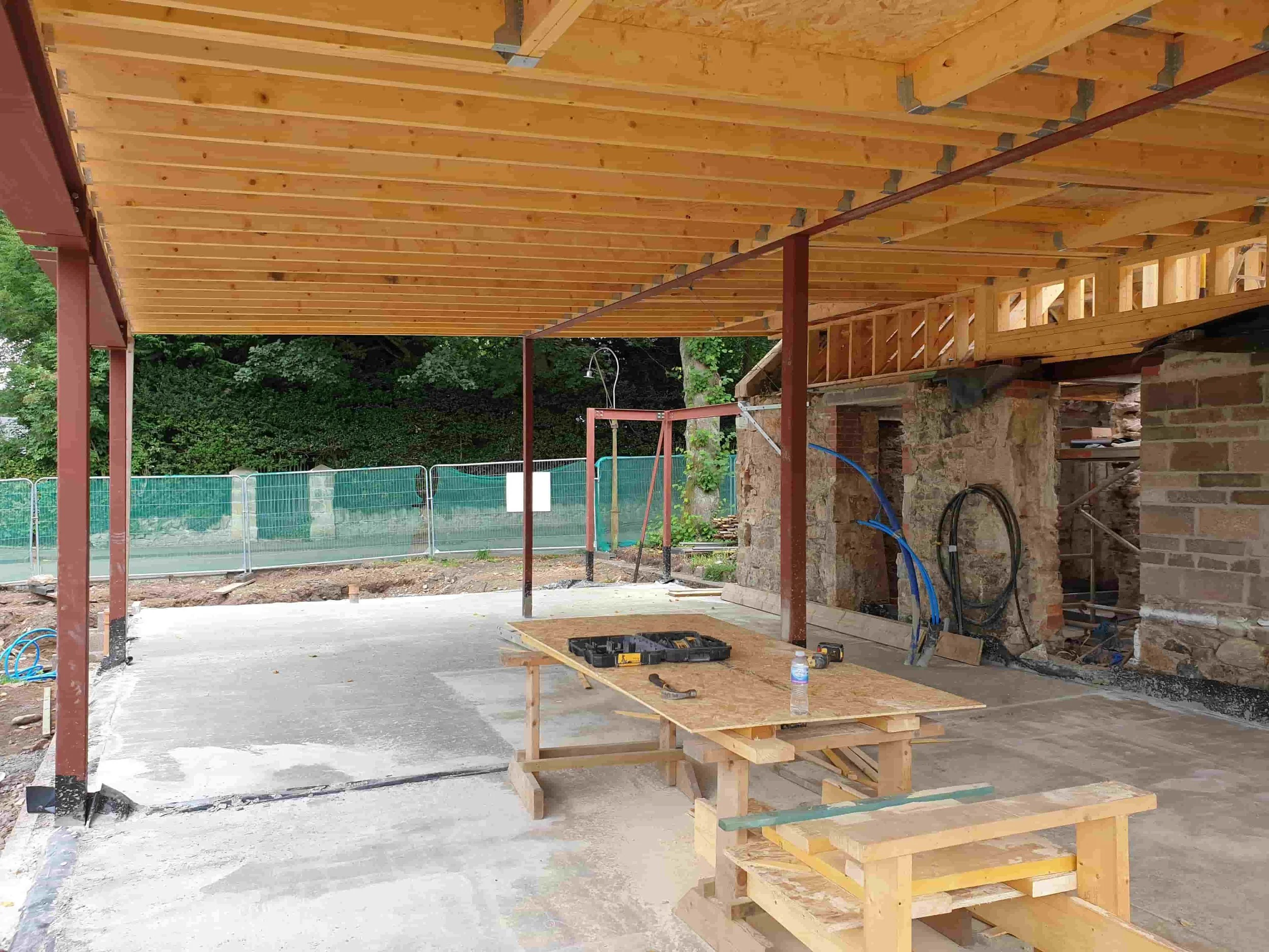 Under construction building with wooden ceiling and brick walls, construction tools on a wooden workbench, and temporary fencing outside.