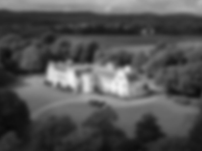 Intentionally blurred aerial view of a country-house hotel set within landscaped grounds.