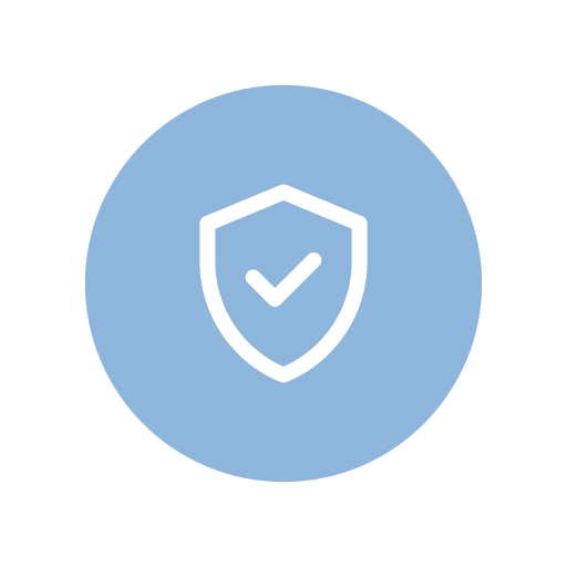 Blue circle with a white shield and checkmark in the center.
