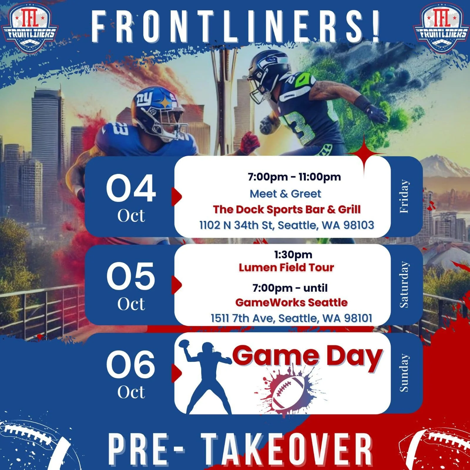 Frontliners Takeover — Event Schedule

Category: Event Flyer & Information Design
Outcome: Designed a clear, visually engaging event schedule graphic to communicate key dates, locations, and activities for a multi-day takeover event.