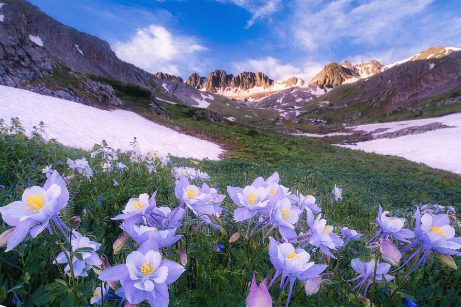 Wildflowers blooming in a mountain meadow with snow patches, rugged mountain peaks in the background, and a partly cloudy sky.
