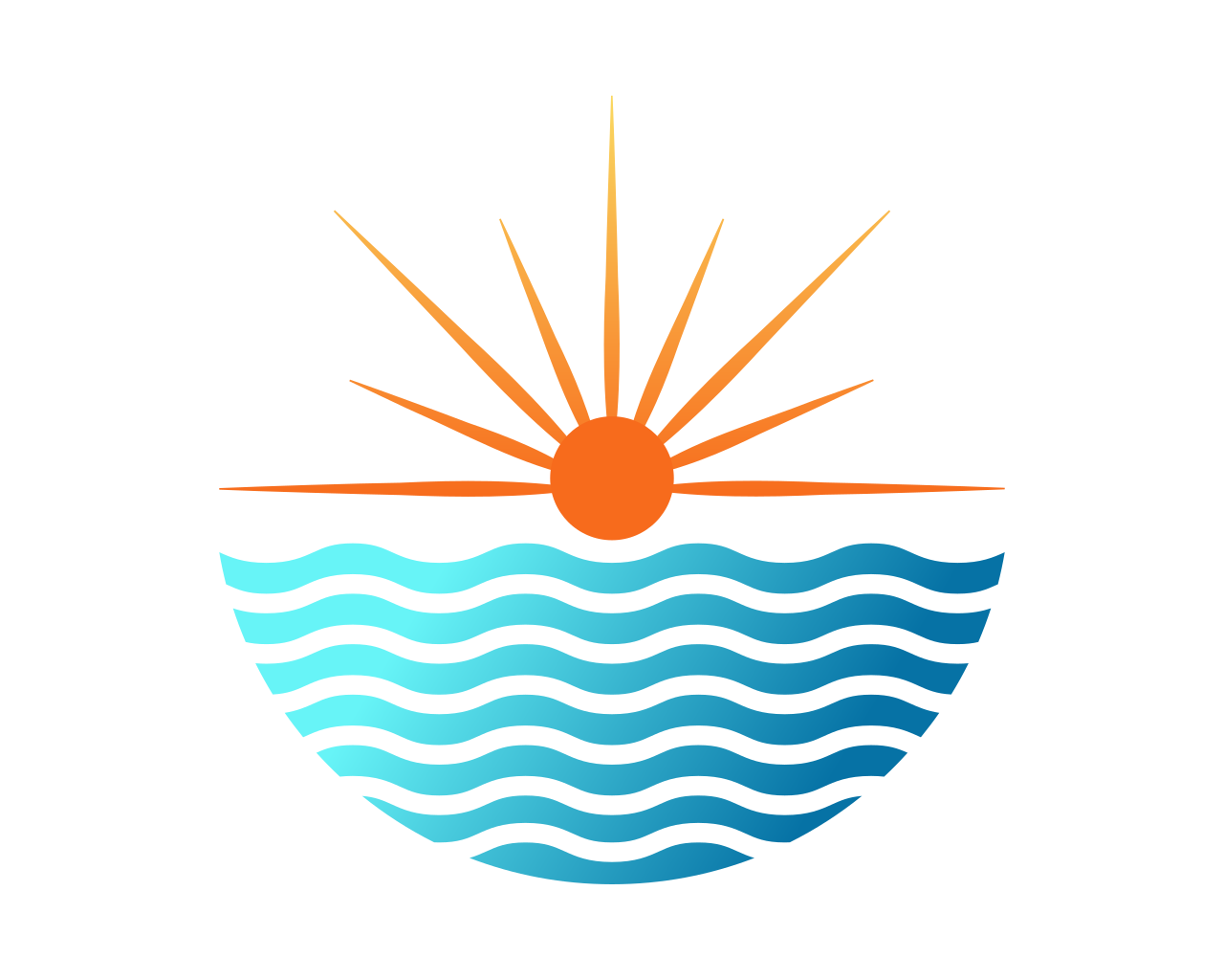 Sun rising over stylized ocean with wavy blue lines