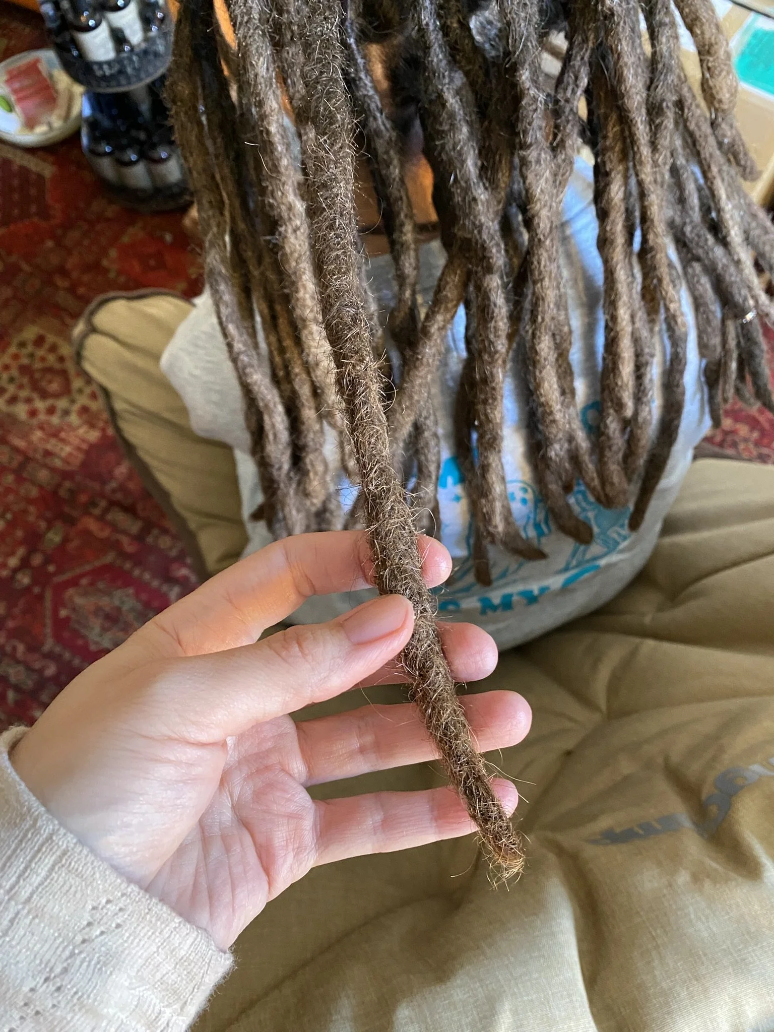 Person hält eine einzelne dreadlock-ähnliche Haarsträhne, Menschen mit dreadlocks sitzen im Hintergrund.