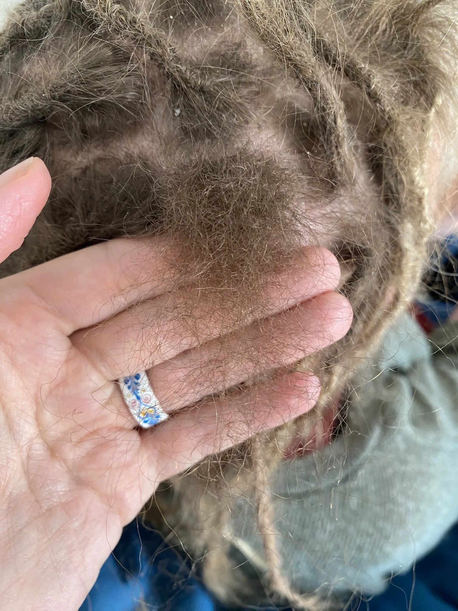 Nahaufnahme einer Hand, die eine Person mit blondem Dreadlock, die Haare bedecken, berührt.