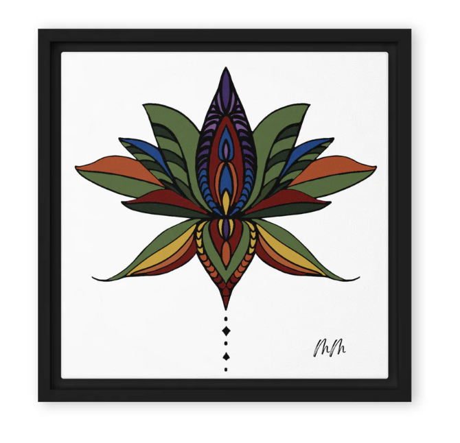 Colorful symmetrical butterfly or abstract floral design with leaves in green, purple, blue, red, yellow, and black in a black frame.