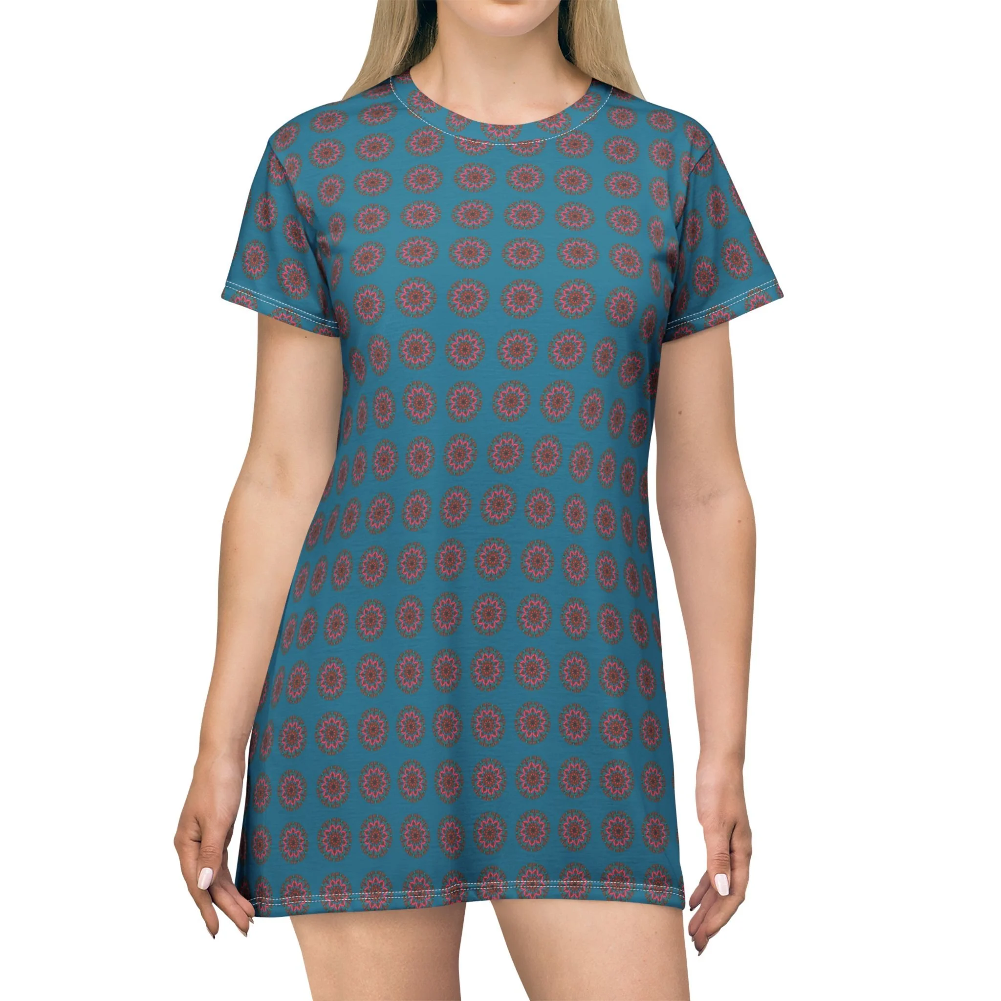 Susan Mandala Teal Red Floral Dot Pattern T-Shirt Dress | All-Over Print