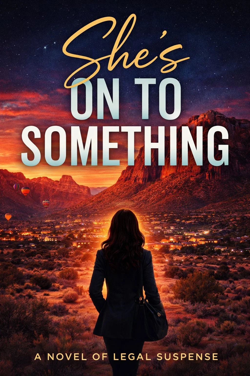 Book cover titled "She's on to Something" with a woman in a black coat standing in a desert landscape at sunset.