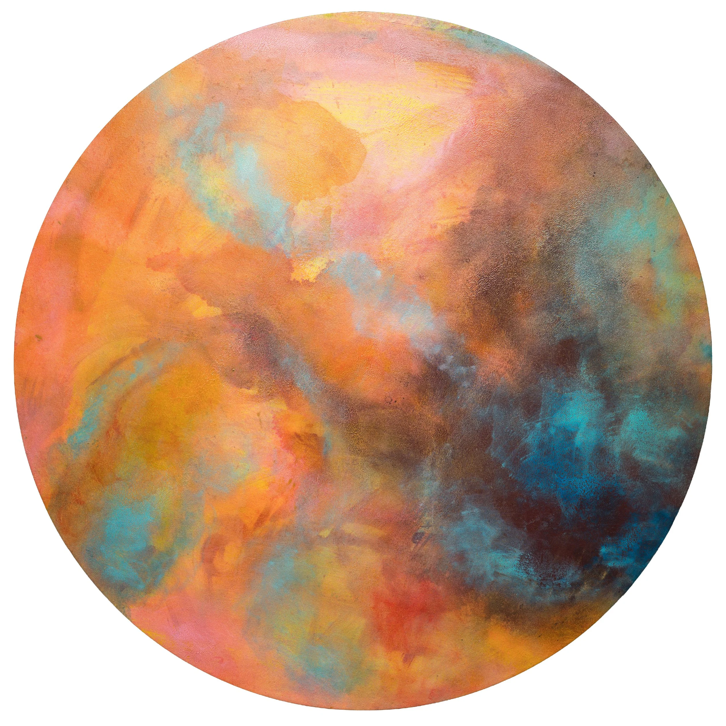 Aetheria 3
122 cm diameter
Pigments derived from acid mine drainage, acrylic, oil, on canvas over wood strainers, 2026
