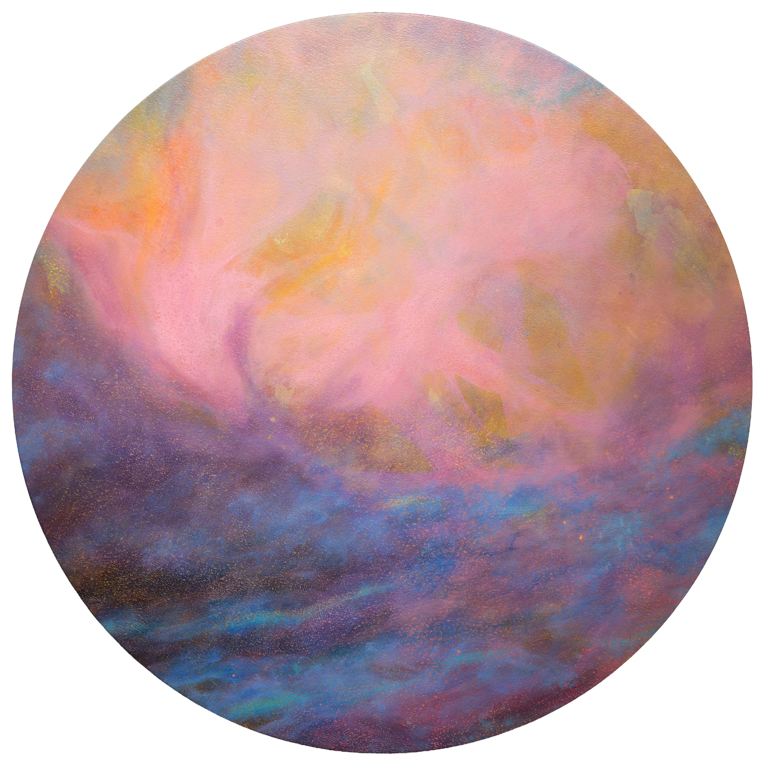 Aetheria 2
107 cm diameter
Pigments derived from acid mine drainage, acrylic, oil, on canvas over wood strainers,
2026