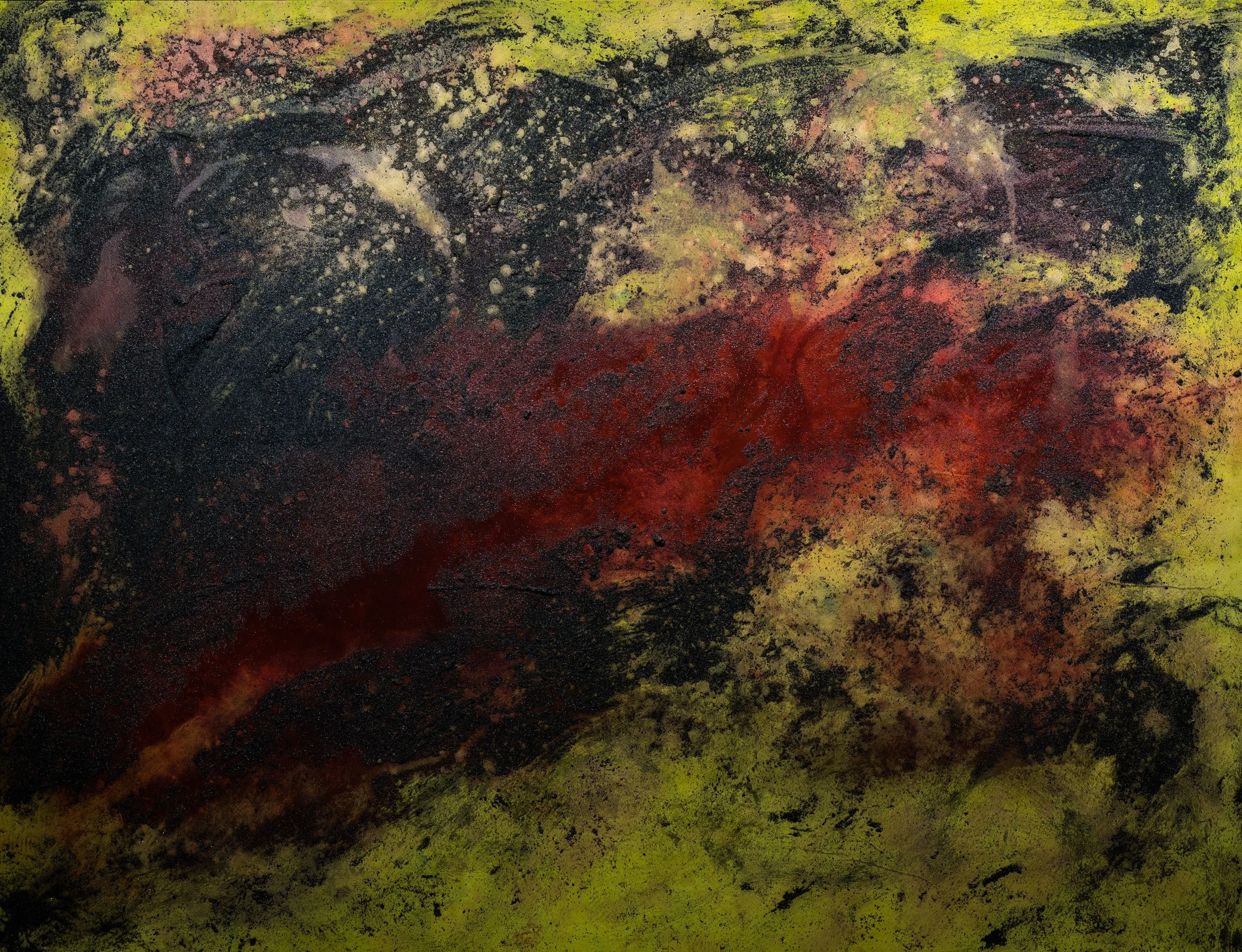 Ordonnance
83.5 x 109 in. (1.5 in. depth)
Medium: Acrylic, iron oxide pigments from acid mine drainage, Appalachian coal, mixed media and other artists colors on stretched canvas
2025