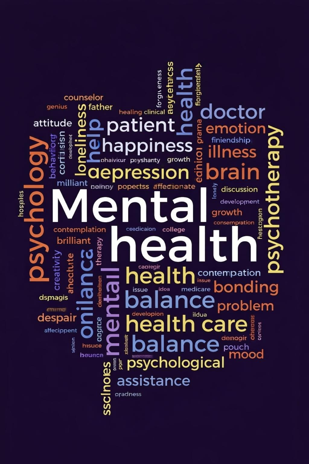 A word cloud with terms related to mental health, therapy, and well-being, including 'mental health,' 'therapy,' 'happiness,' 'depression,' 'brain,' 'doctor,' 'care,' 'balance,' and 'psychological.'