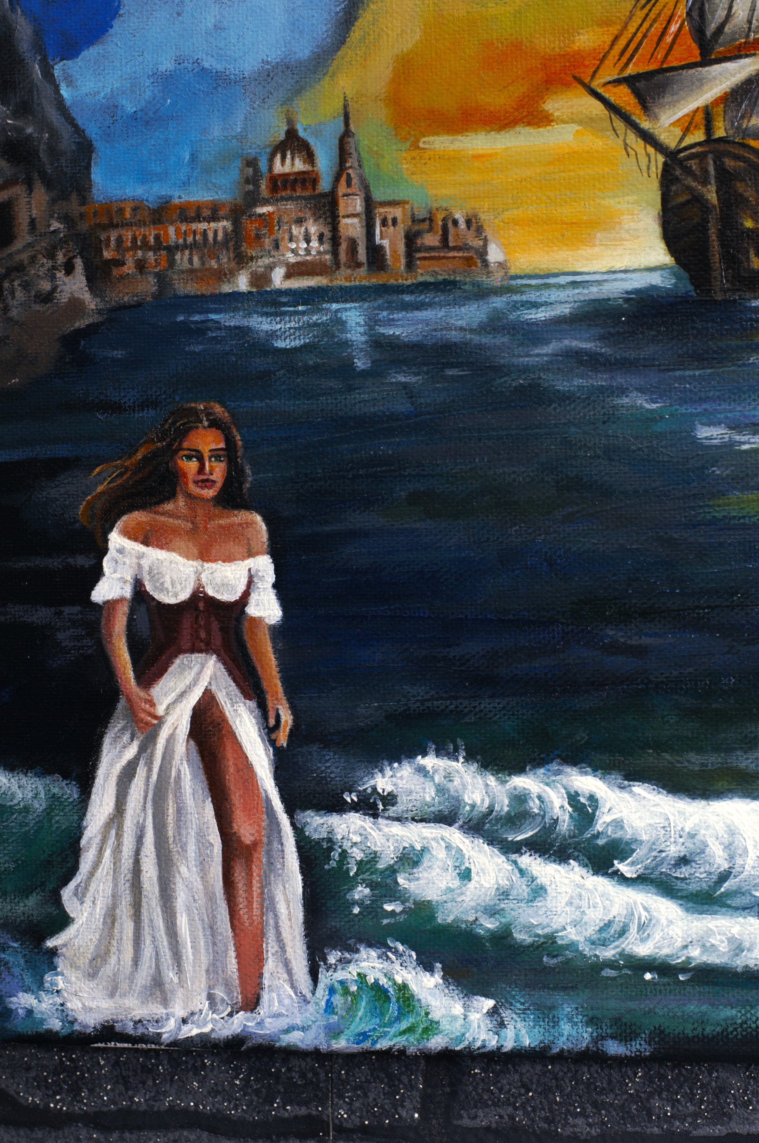 Acrylic painting titled From Constanta To Valletta, depicting a sailing galleon at sunset, classical architecture, and a woman on the shore, 40x40 cm.