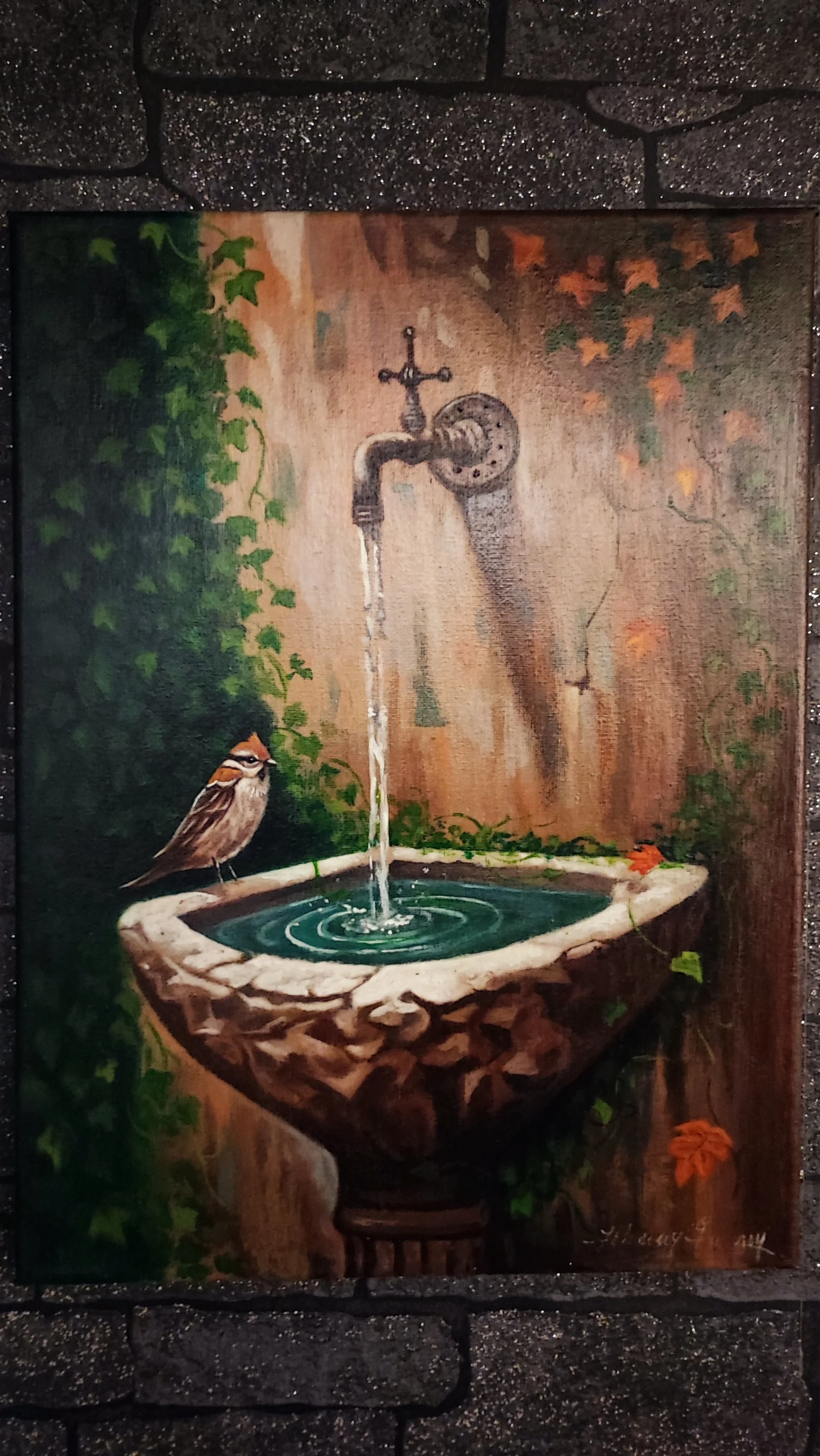 Detailed acrylic painting titled 'Rest at the Source' featuring a small bird perched on a stone water fountain with ivy-covered walls and warm, natural lighting.