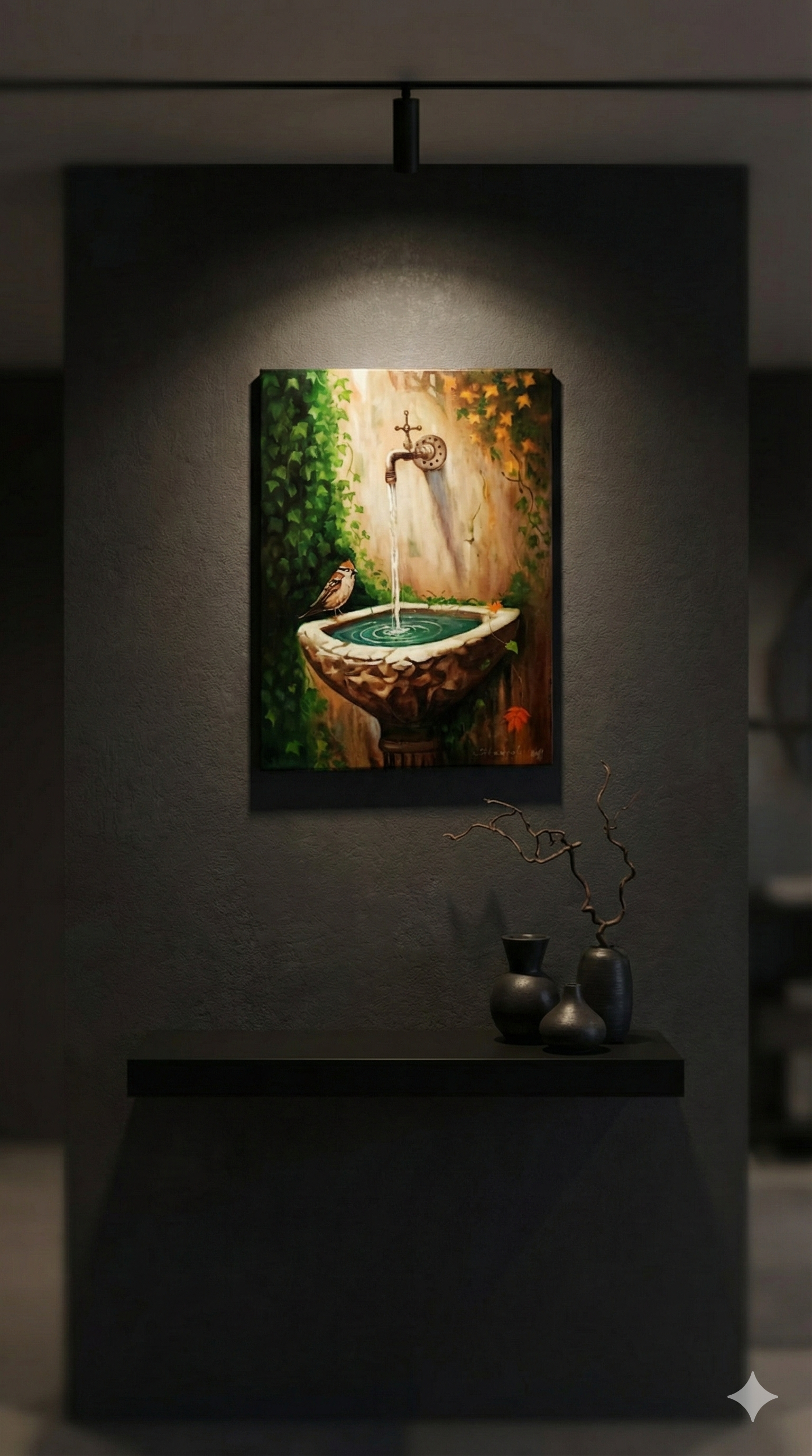 Detailed acrylic painting titled 'Rest at the Source' featuring a small bird perched on a stone water fountain with ivy-covered walls and warm, natural lighting.