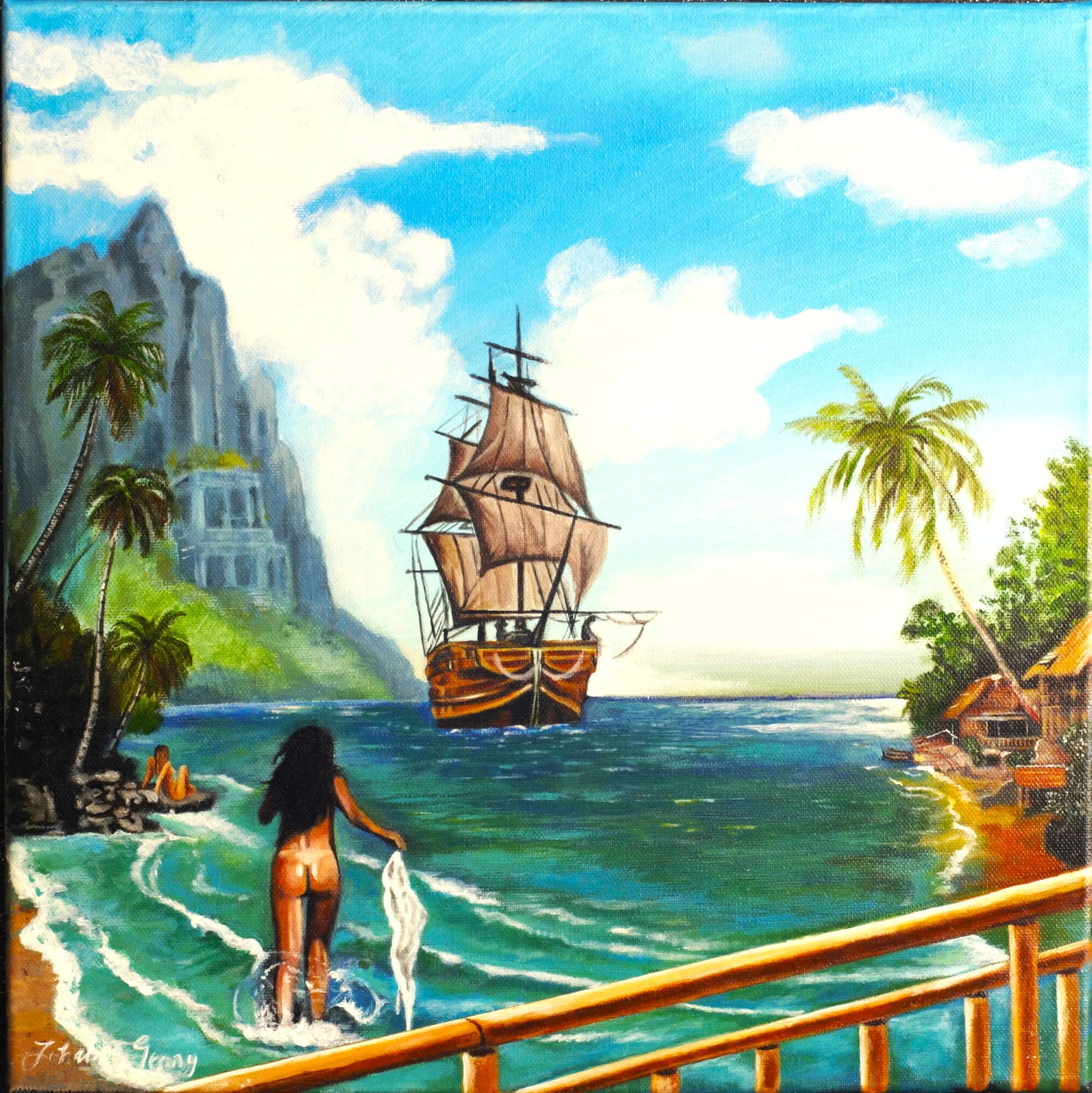 Acrylic painting titled Morning in Paradise, depicting a tropical beach, a galleon ship in turquoise waters, palm trees, and a wooden balcony perspective, 40x40 cm.