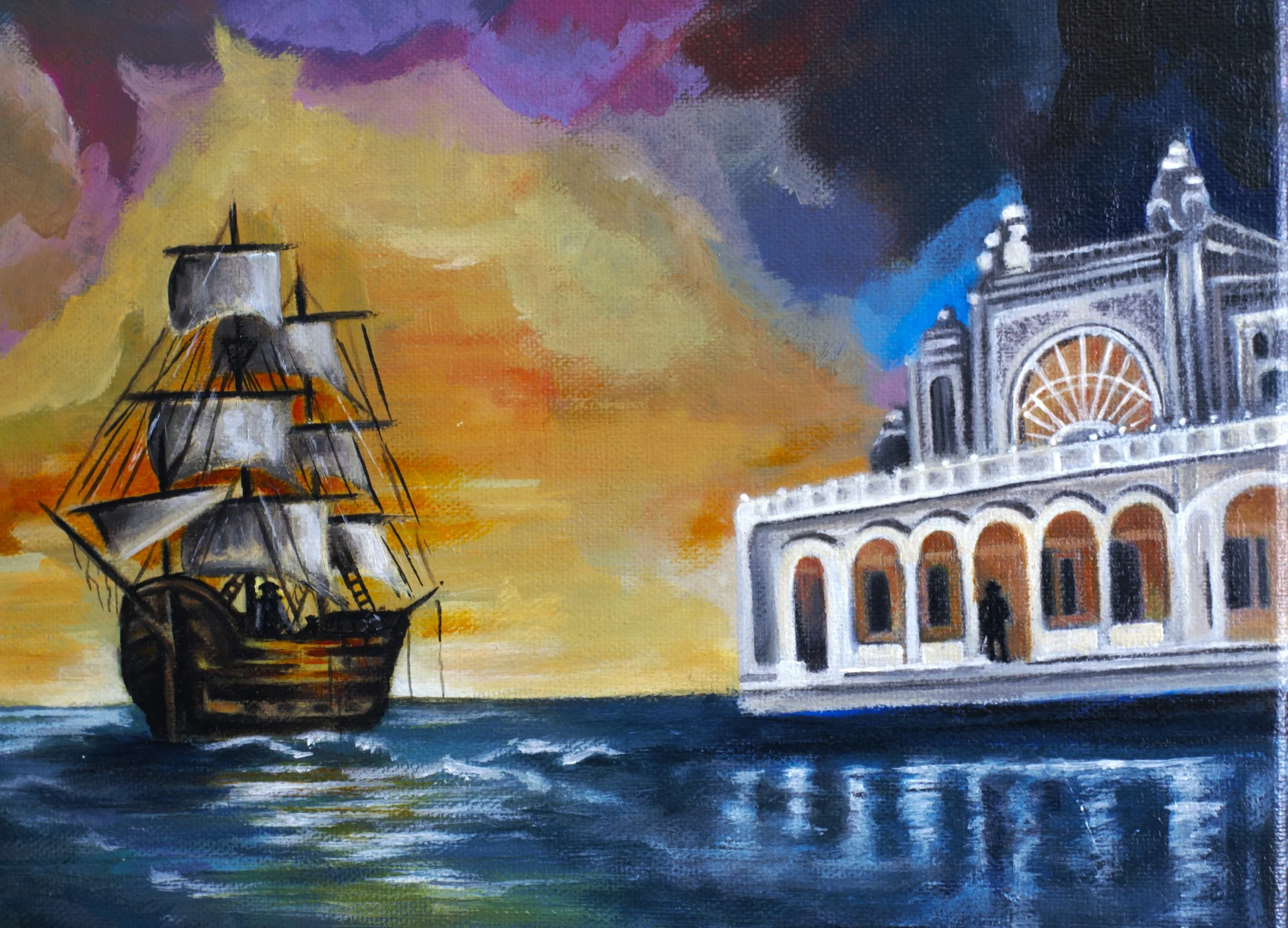 Acrylic painting titled From Constanta To Valletta, depicting a sailing galleon at sunset, classical architecture, and a woman on the shore, 40x40 cm.
