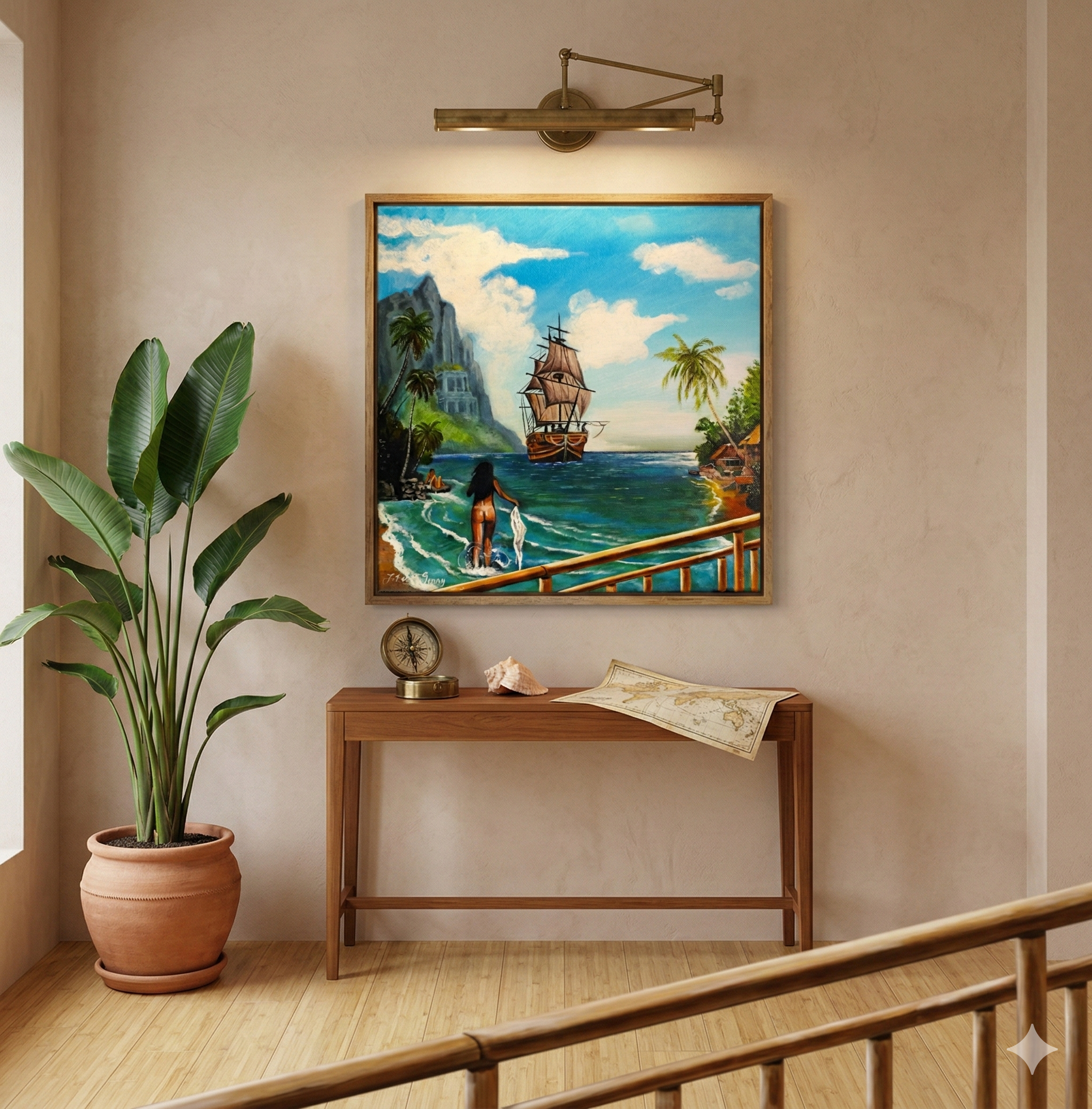 Acrylic painting titled Morning in Paradise, depicting a tropical beach, a galleon ship in turquoise waters, palm trees, and a wooden balcony perspective, 40x40 cm.