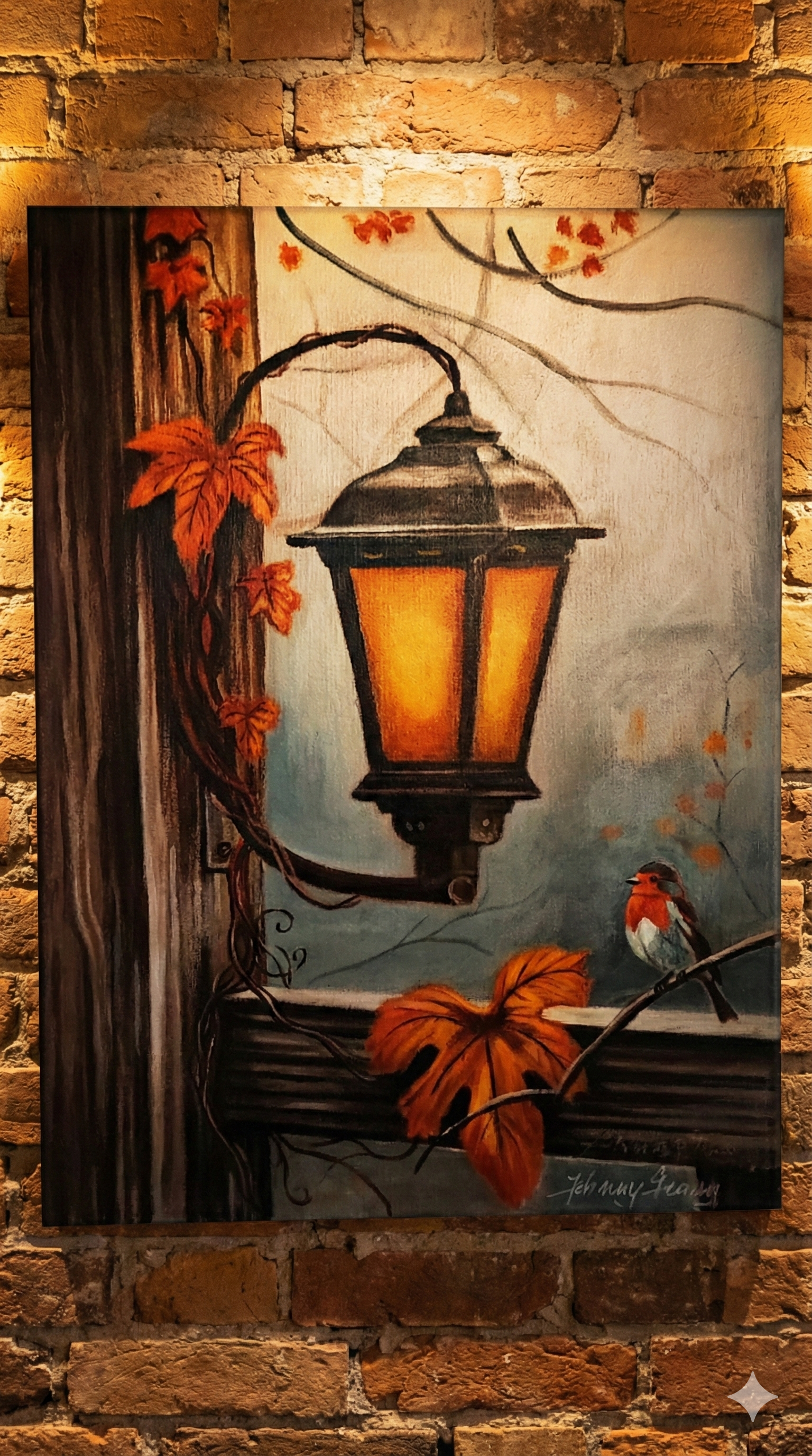 Detailed acrylic painting titled "Last Melody of the Leaves" featuring a glowing vintage street lantern surrounded by orange autumn leaves and a small robin bird perched on a branch.