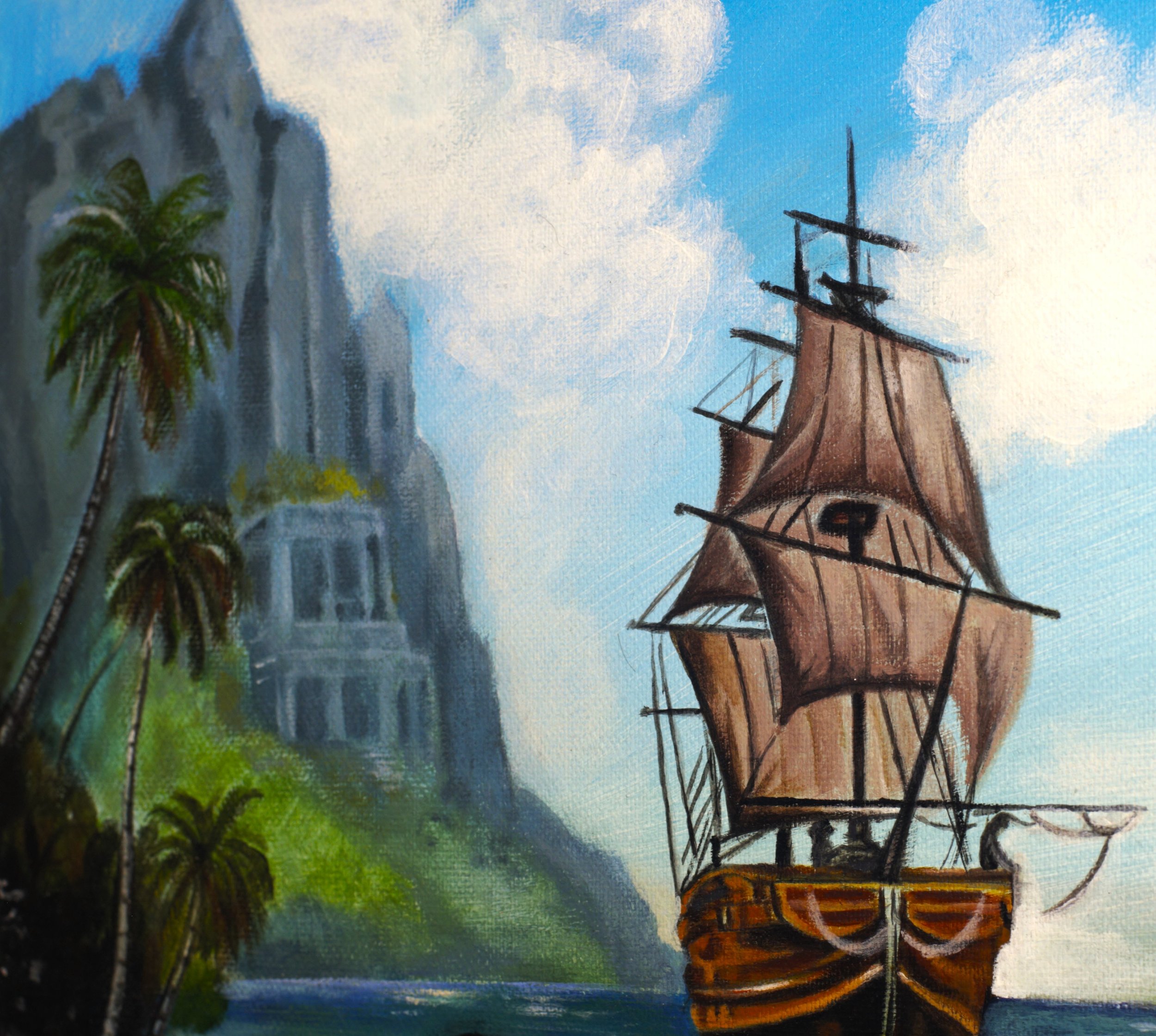 Acrylic painting titled Morning in Paradise, depicting a tropical beach, a galleon ship in turquoise waters, palm trees, and a wooden balcony perspective, 40x40 cm.