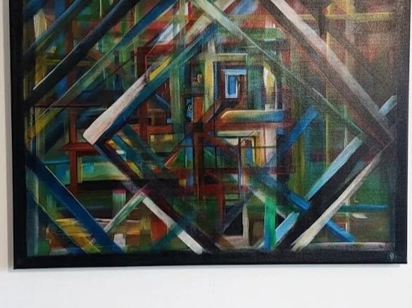 "Essence of the Moment" original vibrant acrylic painting by Emotie si Arta, 70x50cm. Contemporary art on premium canvas with UV protection and minimalist painted edges.