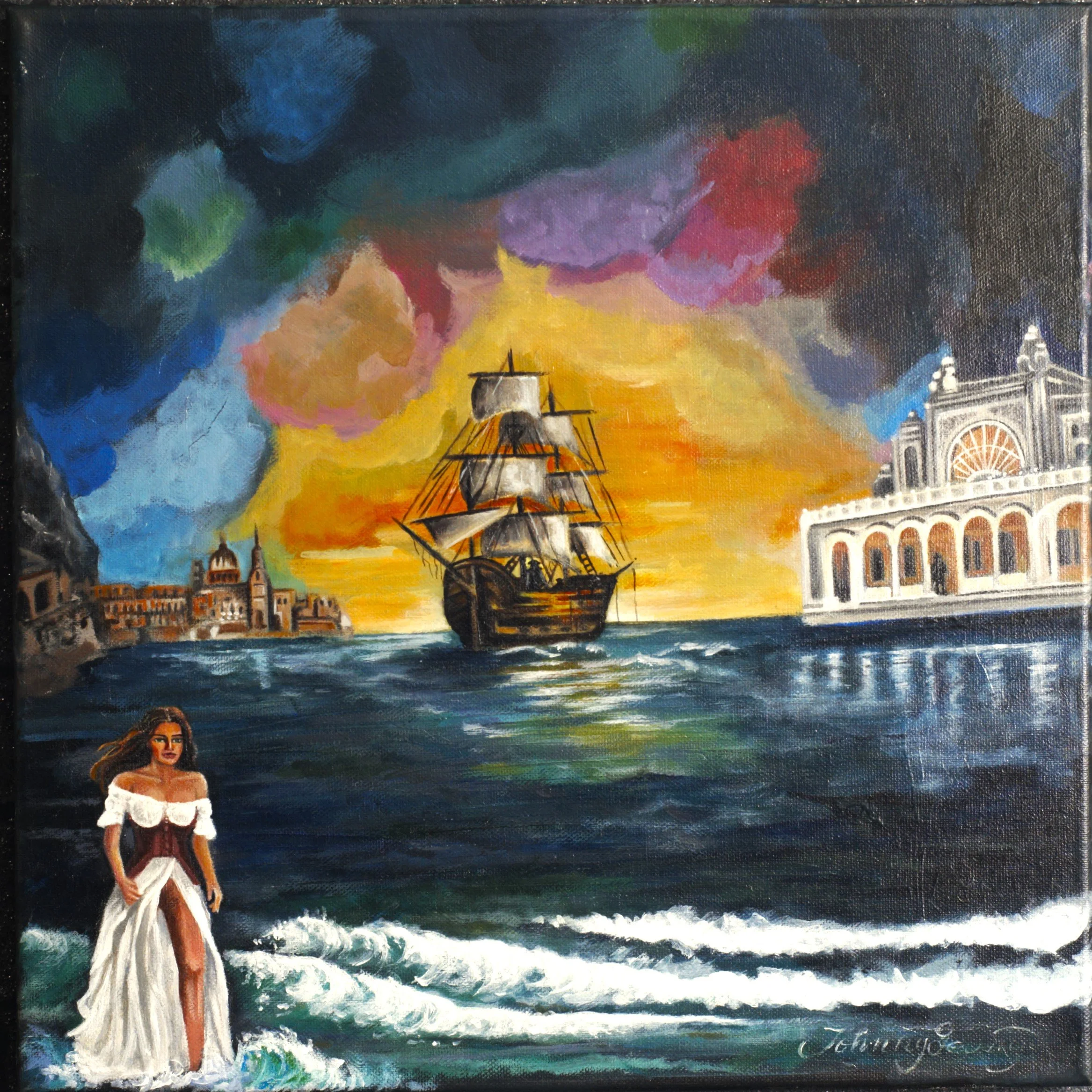 Acrylic painting titled From Constanta To Valletta, depicting a sailing galleon at sunset, classical architecture, and a woman on the shore, 40x40 cm.