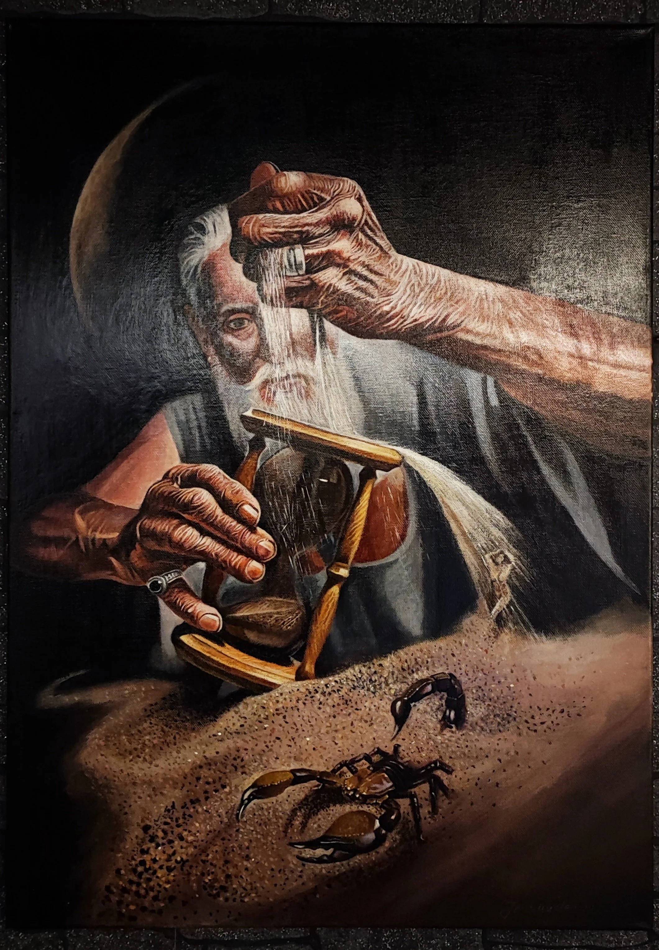 Original philosophical acrylic painting "Imprint of the Moment" by Emotie si Arta, 70x50cm. Features an elderly man with a long beard pouring sand into an hourglass with a scorpion in the foreground.