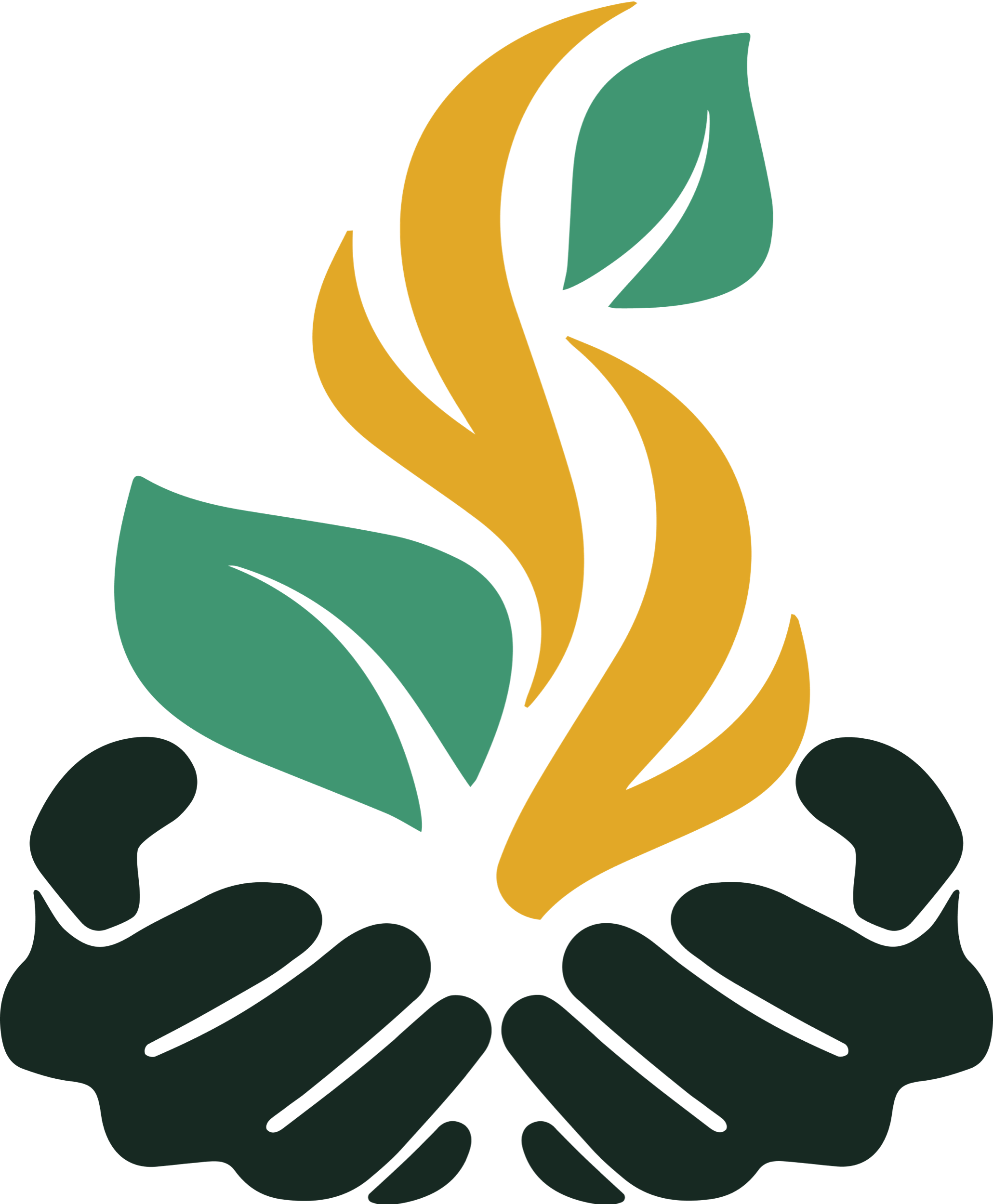 Illustration of two hands holding a green and gold plant with leaves.