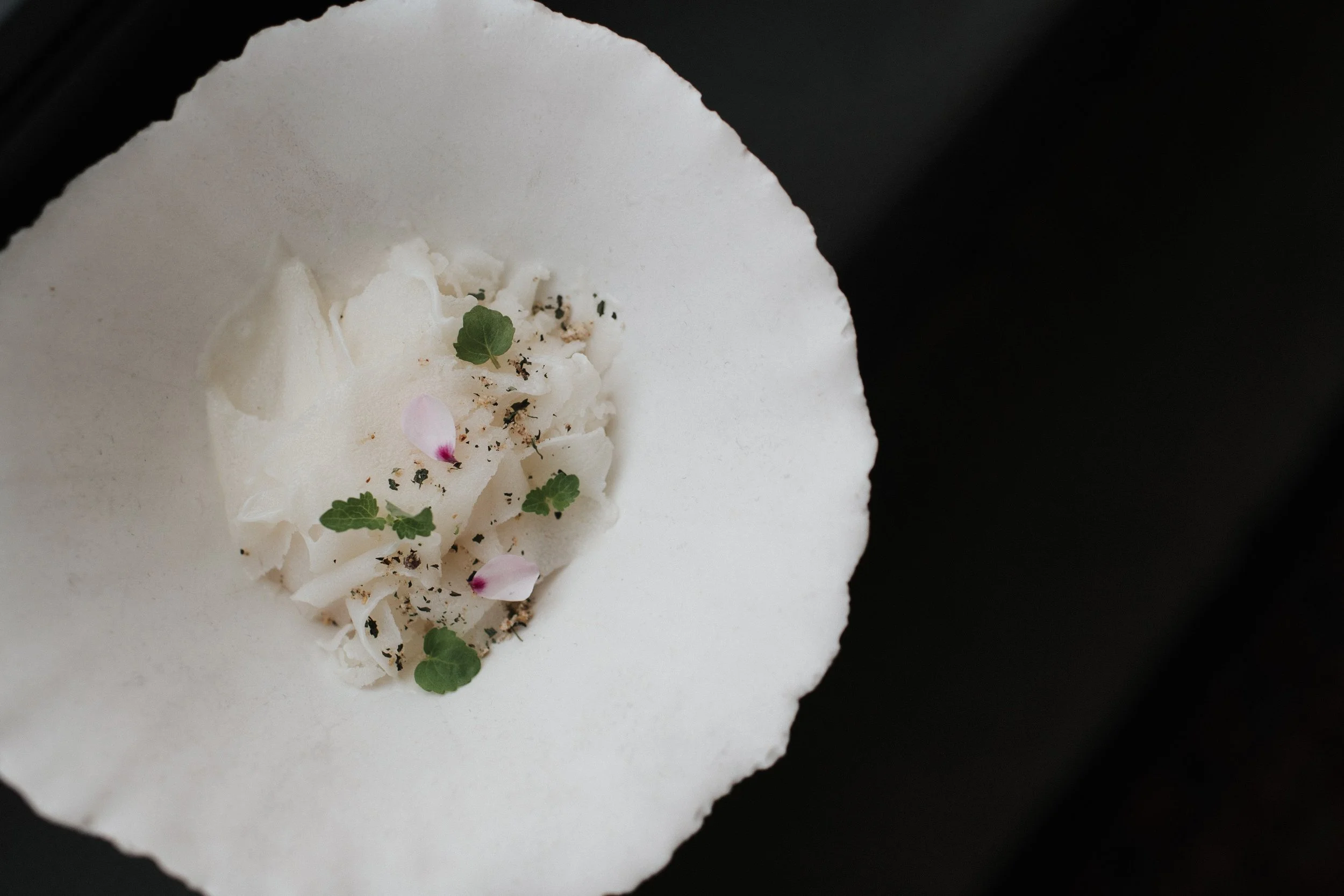 Kakigori
'22 Summer Final Dessert

Soy Milk Yogurt Pudding
Rhubarb Syrup
Lacto 2% Rhubarb
Sichuan Peppercorn Candied Rhubarb
Soy Yogurt Shaved Ice
Sichuan Peppercorn Pop Rocks
Assortment of Herbs