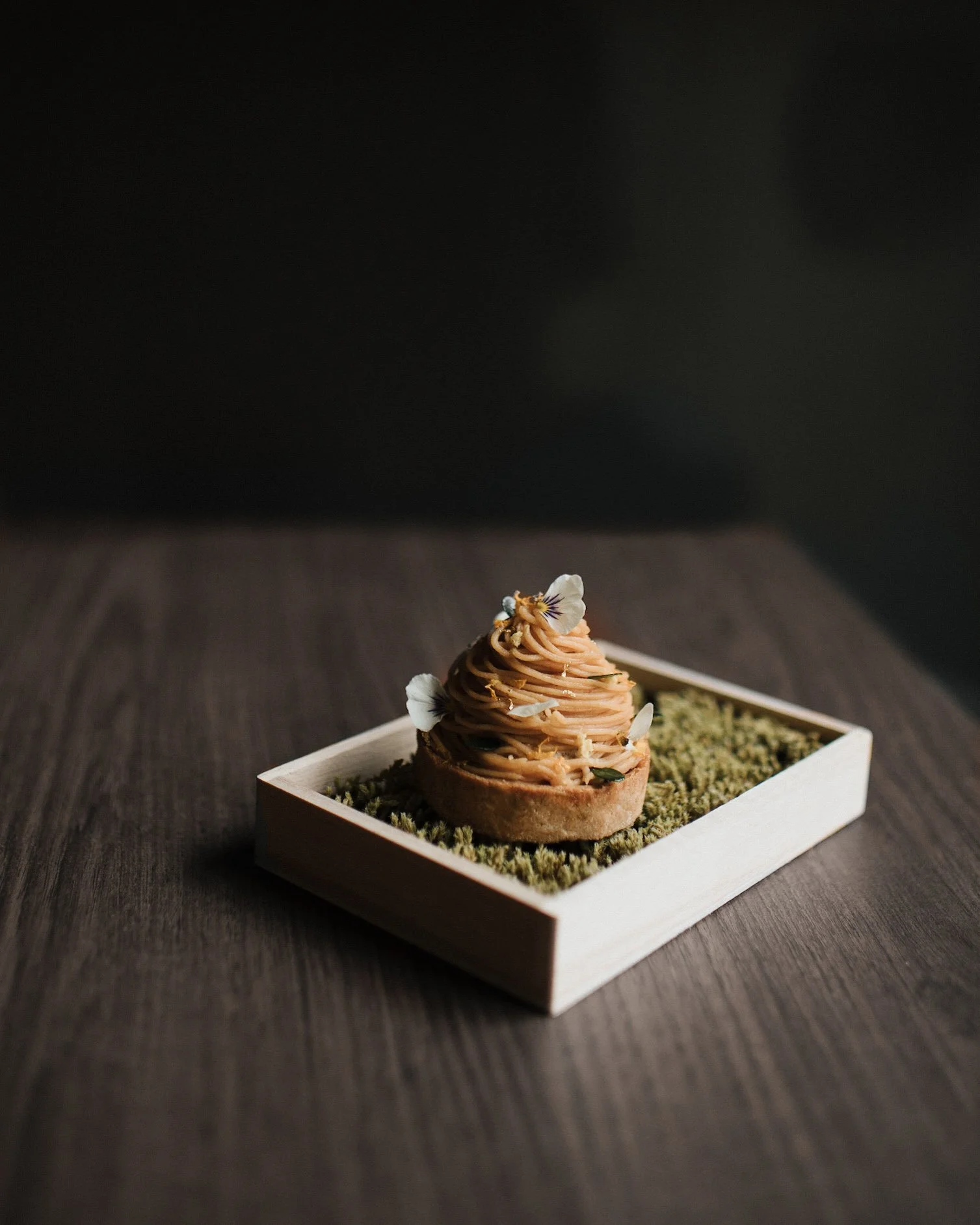 Mt. Blanc
'22 Winter Final Dessert

Candied Ginger Tart Shell
Sweetened Smoked Shoyu Gel
Kokuto + Ginger Jelly
Burnt Orange + Cardamom Milk Jam
Charred Eggplant Mousse
Kinako Creama
Burnt Orange Oil
Fresh Grated Farm Ginger 
Orange Zest
Kinome