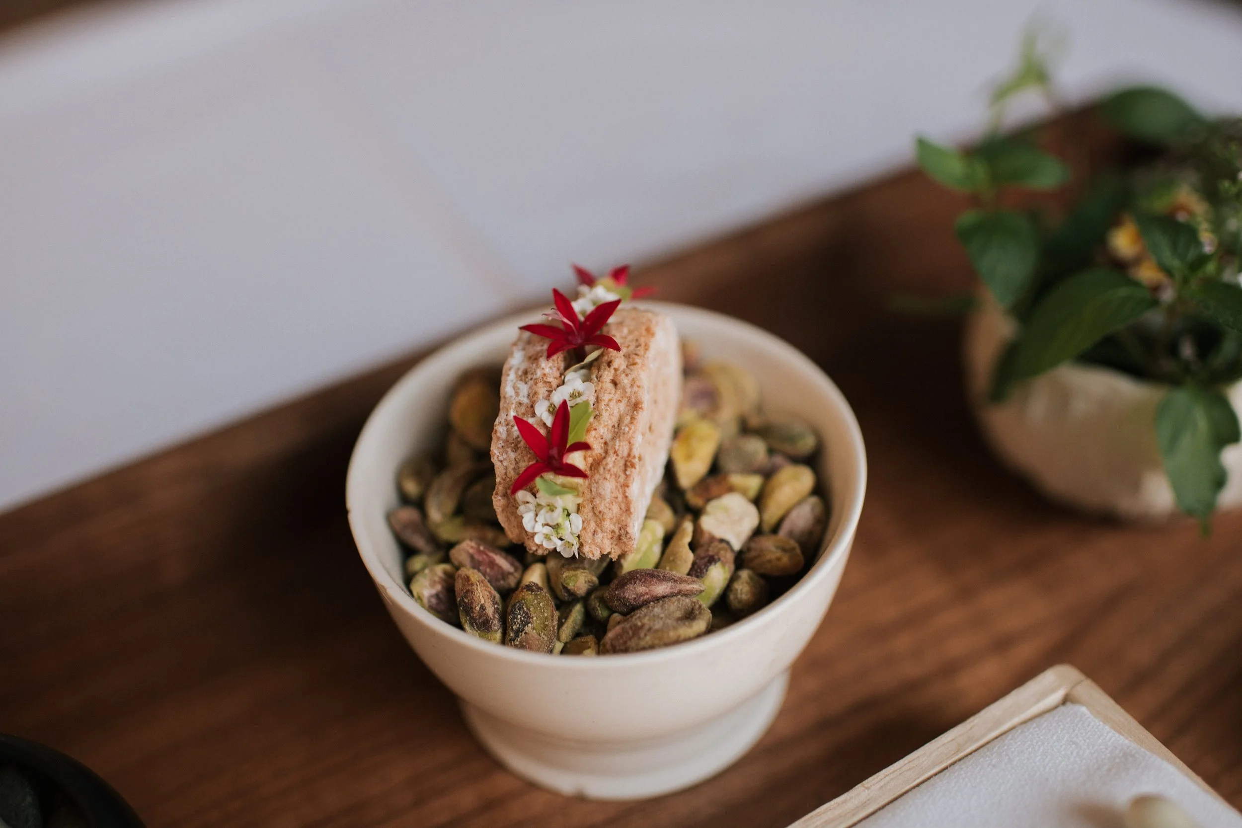 Final Drop
'23 Spring Mignardies

Pistachio Dacquoise
Roasted Pistachios
Yuzu Cremeux
Yuzu Gel
