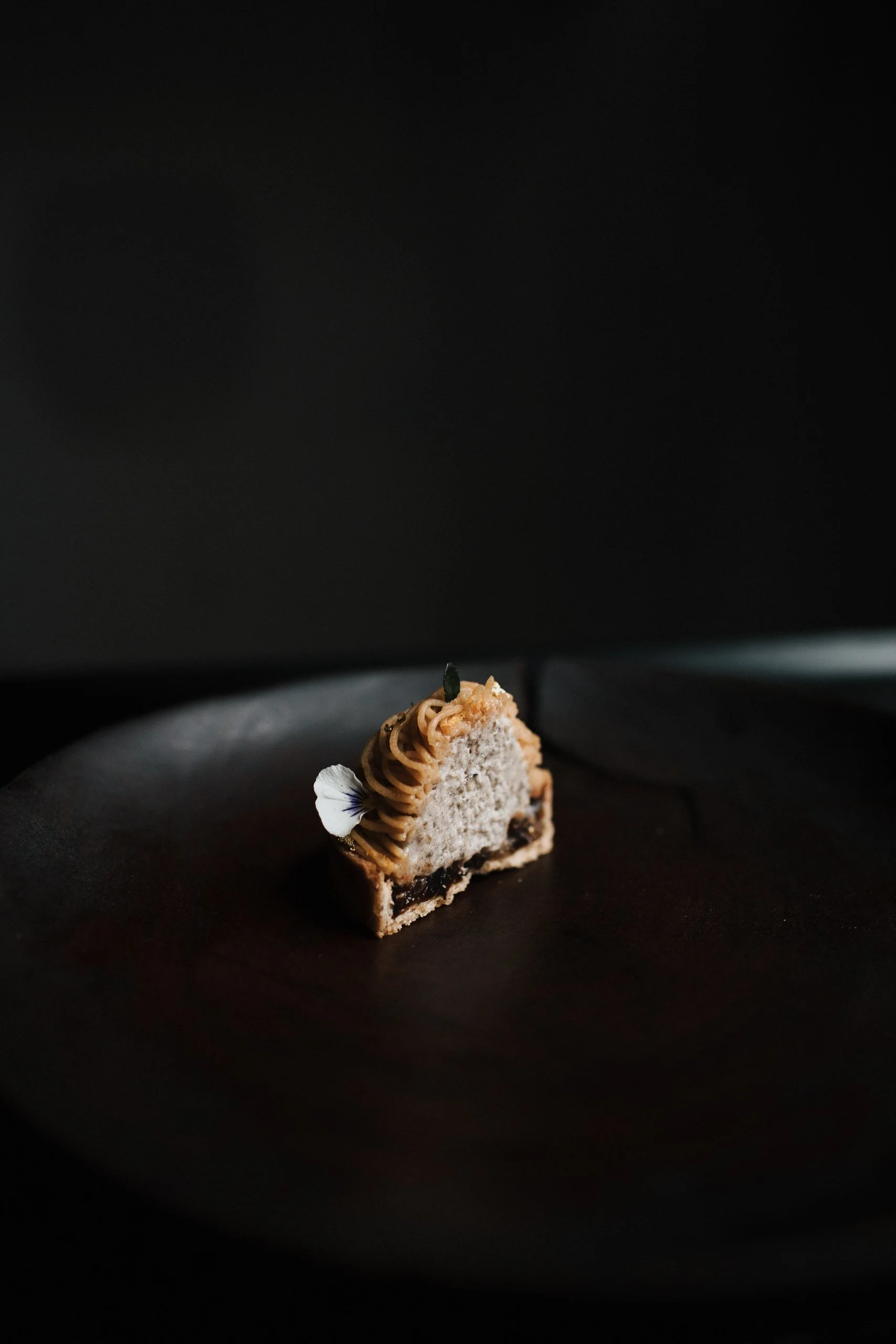 Mt. Blanc
'22 Winter Final Dessert

Candied Ginger Tart Shell
Sweetened Smoked Shoyu Gel
Kokuto + Ginger Jelly
Burnt Orange + Cardamom Milk Jam
Charred Eggplant Mousse
Kinako Creama
Burnt Orange Oil
Fresh Grated Farm Ginger 
Orange Zest
Kinome