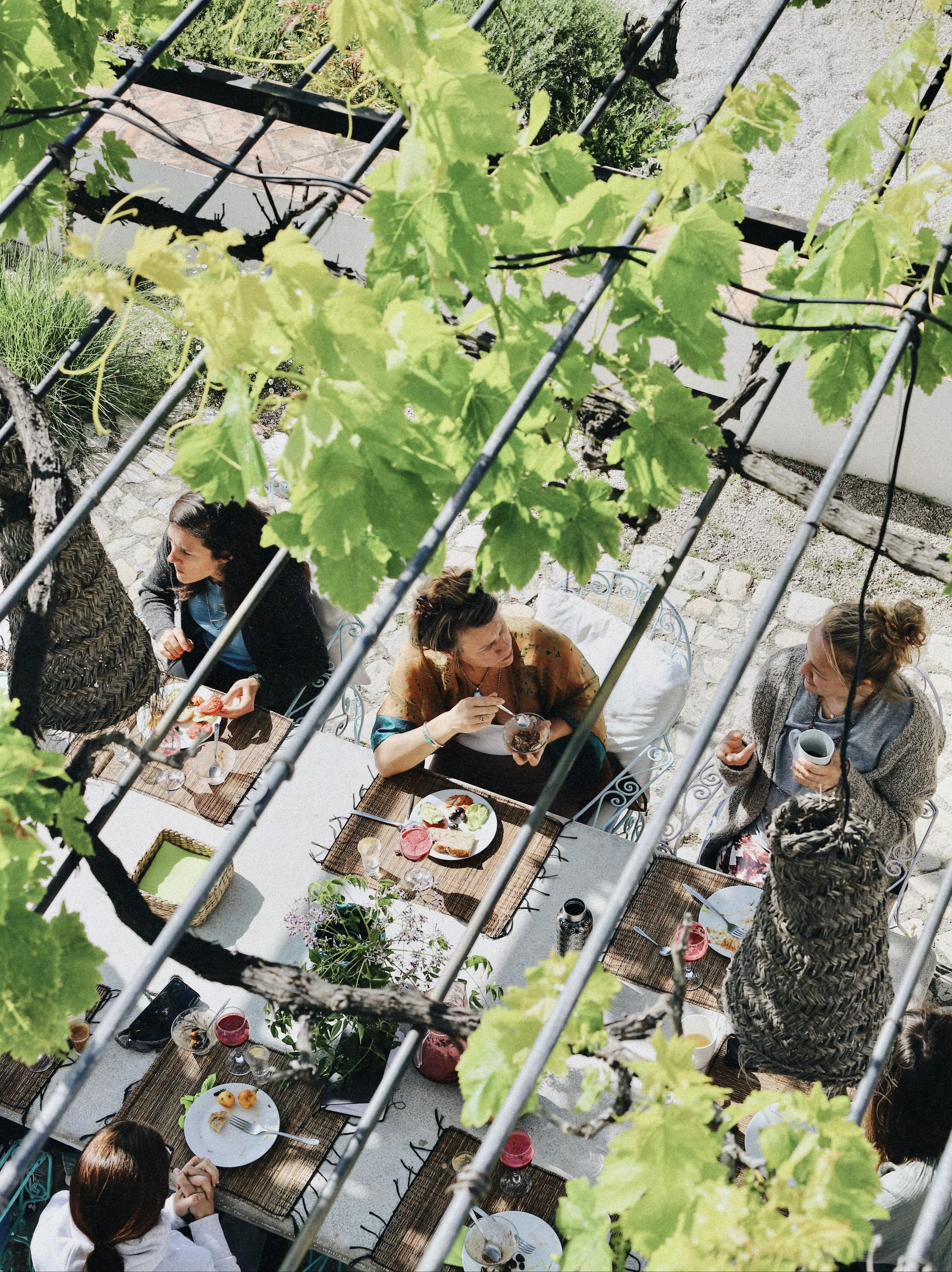 A group of women are sitting around a rectangular table outdoors, enjoying food and drinks, with green grapevine leaves and trellis overhead. yoga retreat debbie liladhar massage meditation wellness fasting juice