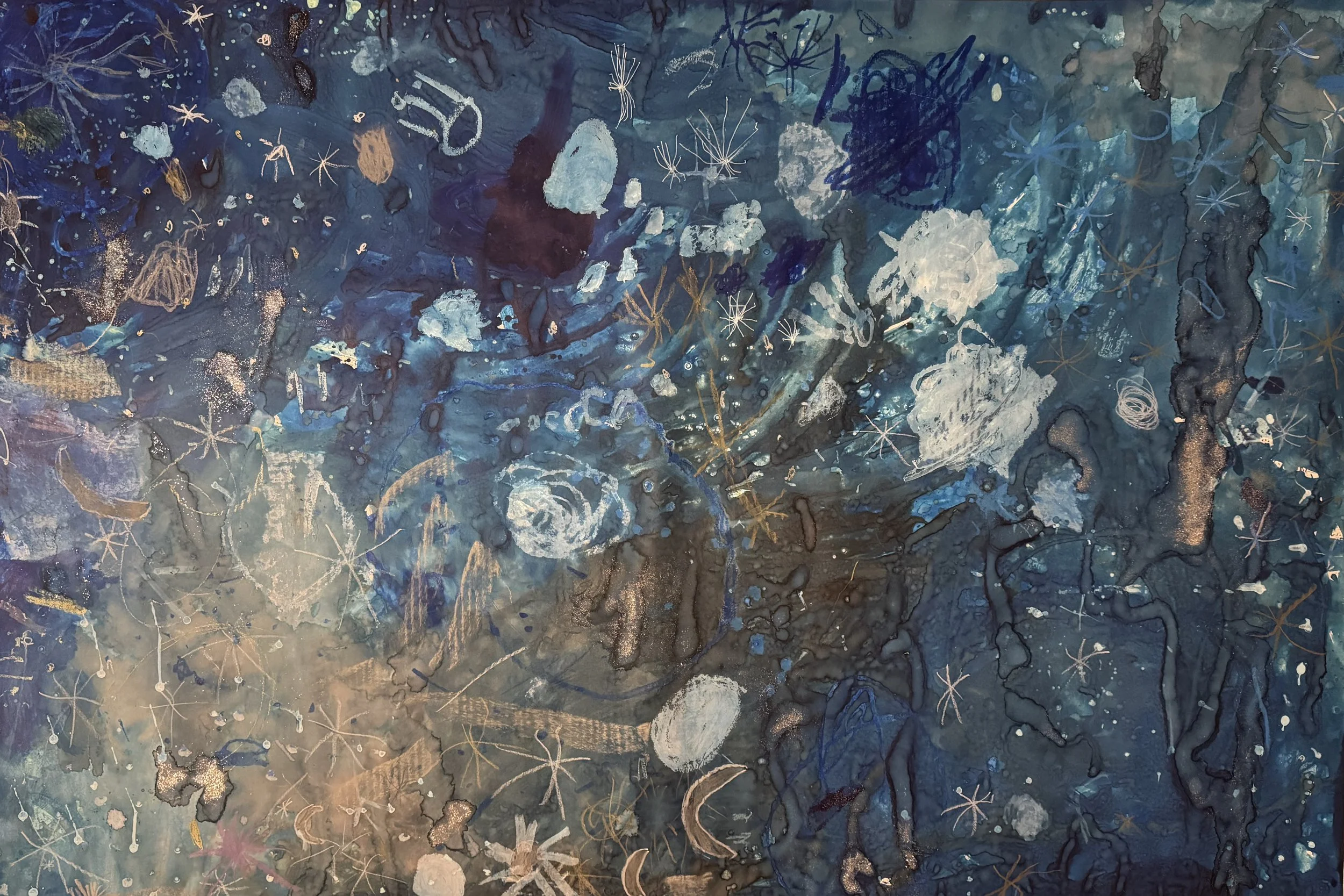 Abstract artwork with a predominantly blue background featuring white, gold, and dark-colored splashes, lines, and shapes resembling stars, celestial bodies, and organic forms.