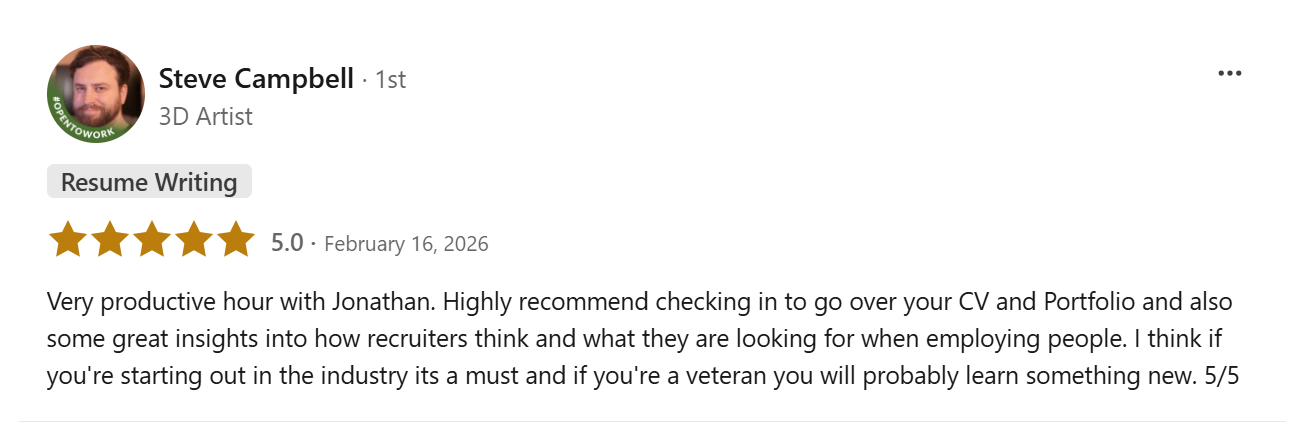 A LinkedIn testimonial for Jonathan Hunter (The Job Hunter) from a AAA gaming professional, highlighting the success of the Two-Second Rule CV audit and portfolio optimization for the games industry.