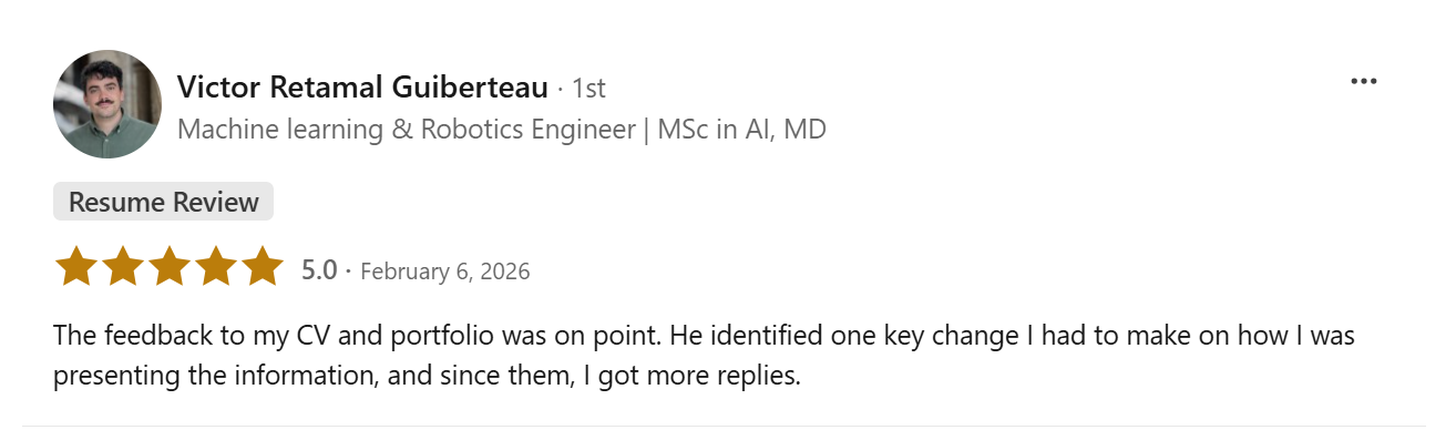 Client review for The Job Hunter regarding Machine Learning and AI Engineer CV optimization, demonstrating successful application of keyword bolding and technical seniority framing for tech roles.