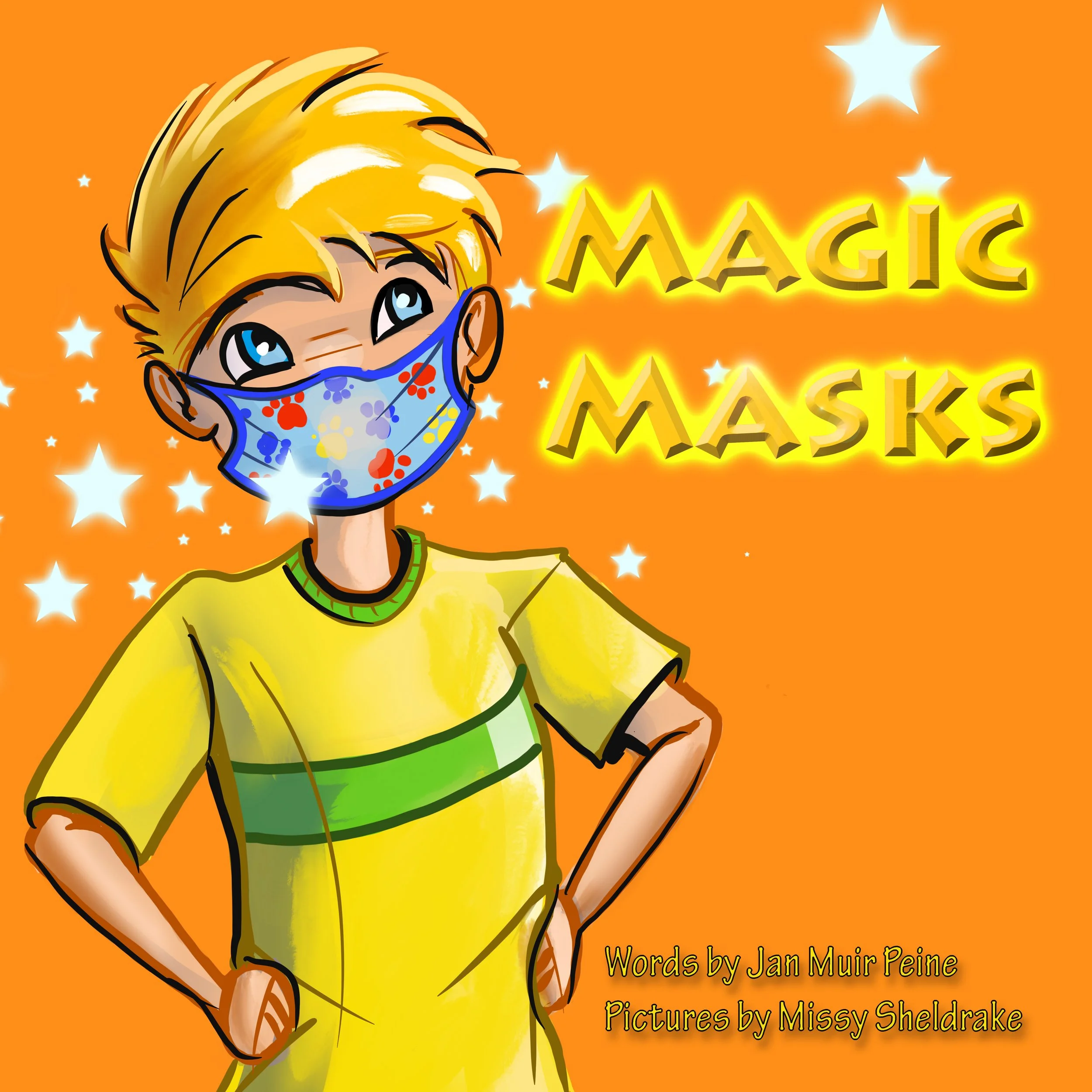 A cartoon boy with blonde hair wearing a colorful face mask and a yellow shirt with green stripes, standing with hands on hips against an orange background with glowing white stars. The text reads 'Magic Masks'.