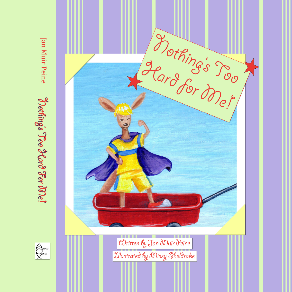 Book cover titled "Nothing's Too Hard for Me" featuring an animated kangaroo dressed as a superhero with large ears, yellow and blue costume, standing inside a red wagon against a background of purple and green stripes.