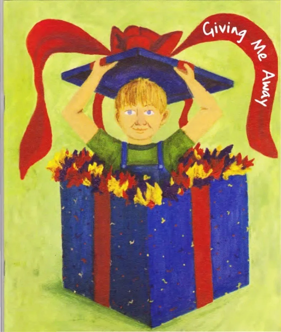 A child with blond hair, wearing overalls, is emerging from a large decorated gift box with a red bow and ribbon, holding a blue object above his head. Red and yellow decorations are around the box. The background is green with white text reading 'Giving Me Away'.