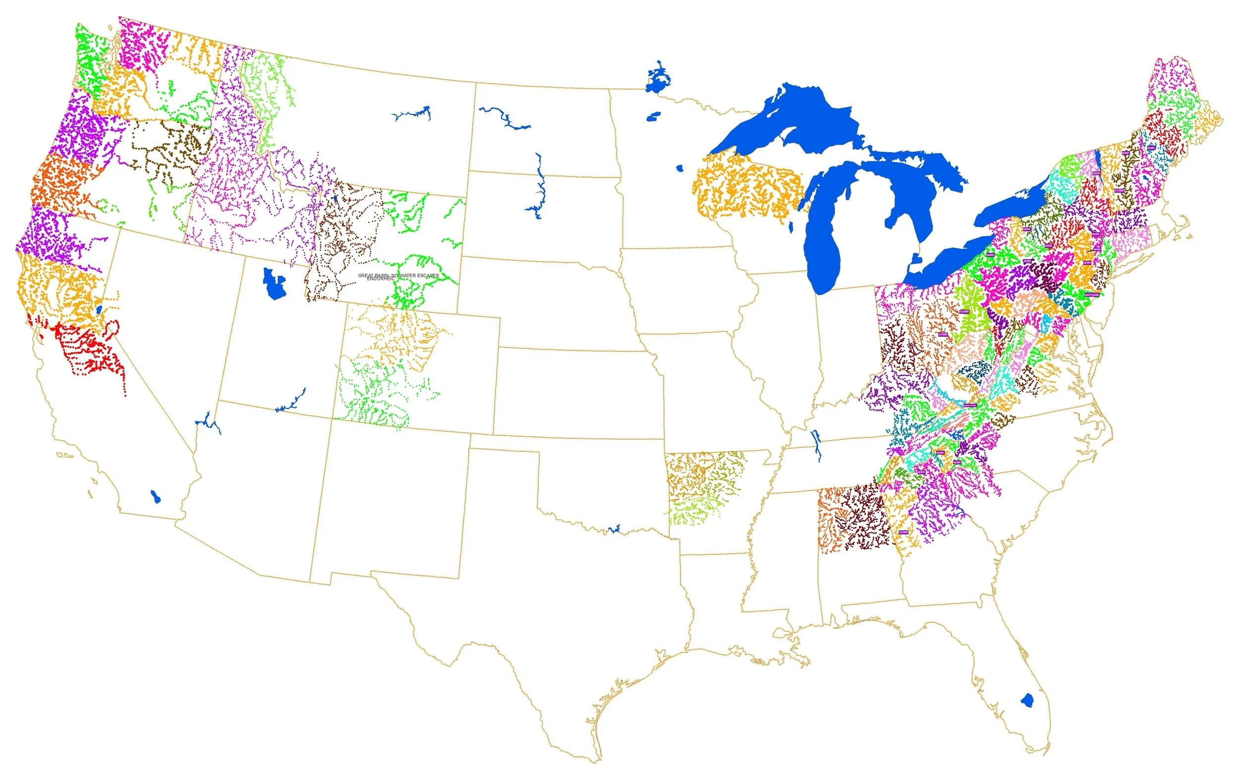 Each dot on this map shows a 1-30 mile river or creek paddleable segment