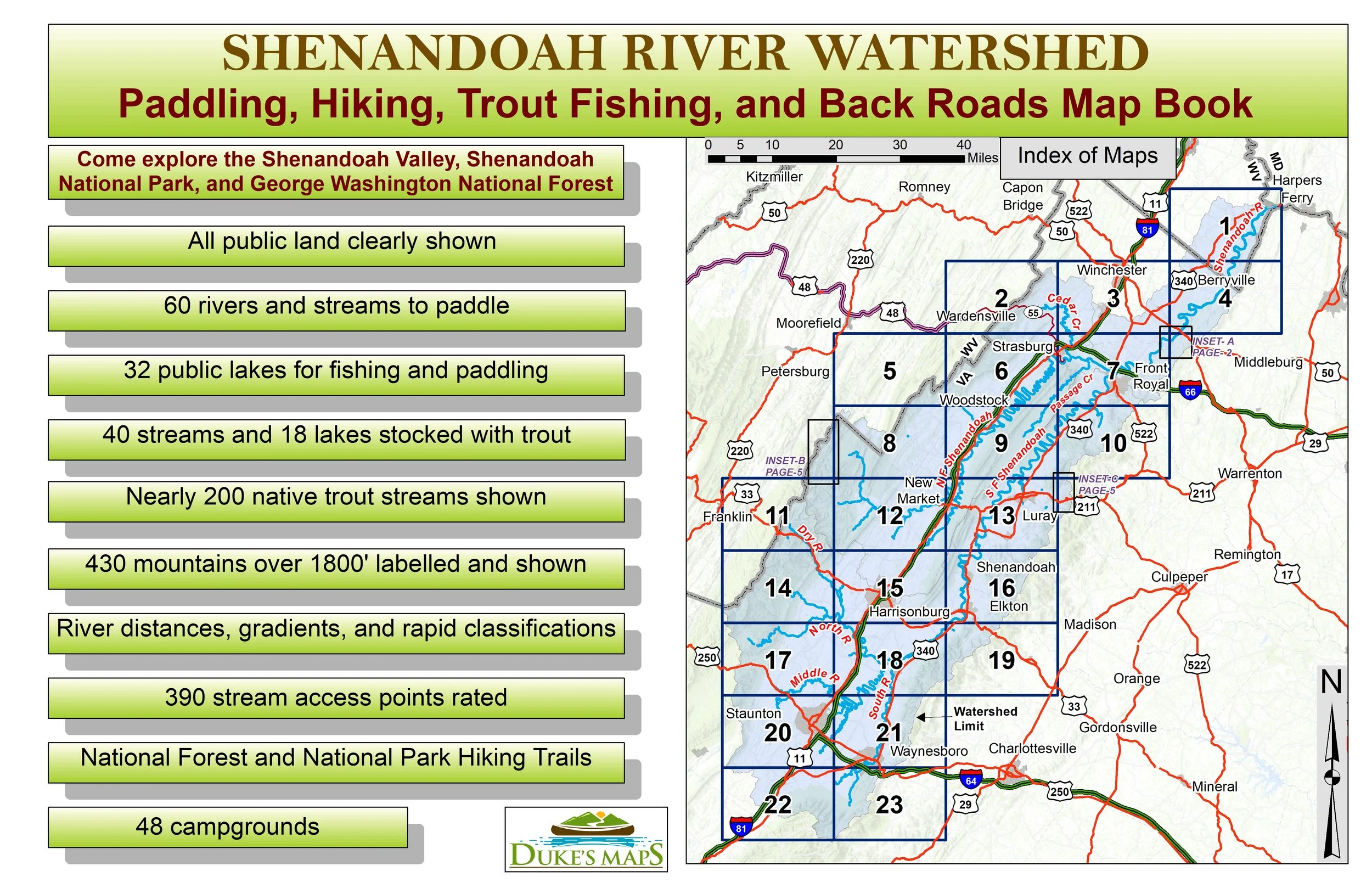 SHENANDOAH RIVER WATERSHED: Paddling, Hiking, Trout Fishing, and Back Roads Map Book