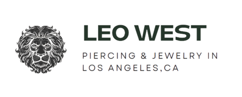 Logo with a lion's head and the text 'Leo West Piercing & Jewelry in Los Angeles, CA'