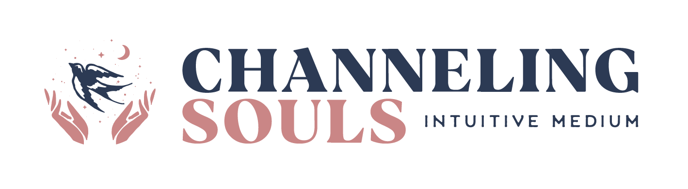 Logo for Channeling Souls, an intuitive medium, featuring hands holding a wolf head with a moon and stars in the background.