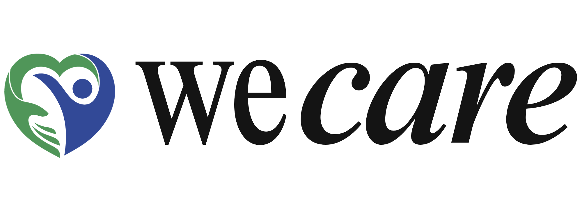 We Care logo with a heart-shaped icon made of green and blue hands surrounding a person, next to the words 'We Care' in black text.