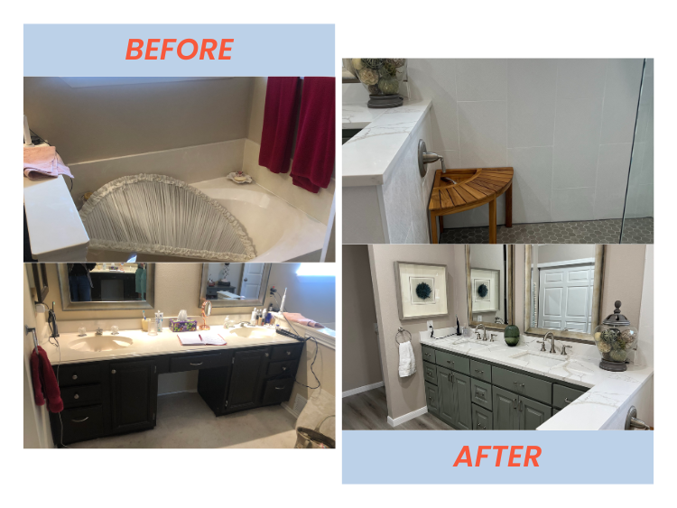 Before and after images of bathroom renovations. Top left shows a bathtub with a peeling liner and curtains. Top right shows a white vanity with a wooden stool. Bottom left shows a dark double vanity with clutter and mirror. Bottom right shows a reno