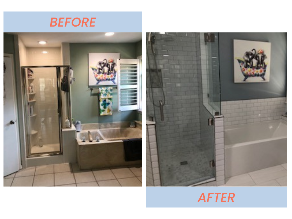 Side-by-side comparison of a bathroom before and after renovation. The before image shows a bathroom with a bathtub, shower stall, and framed artwork on the wall. The after image features transformation with a glass-enclosed shower, updated tilework,