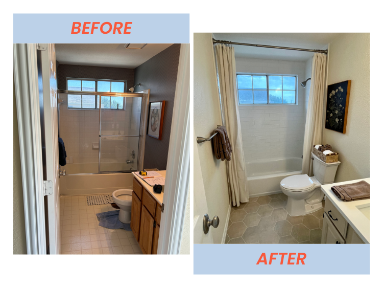 Comparison of a bathroom before and after renovation. The 'before' side shows a bathroom with a darker wall, tiled shower enclosure, and clutter on the sink. The 'after' side features a brighter room with light-colored walls, a new shower curtain, an